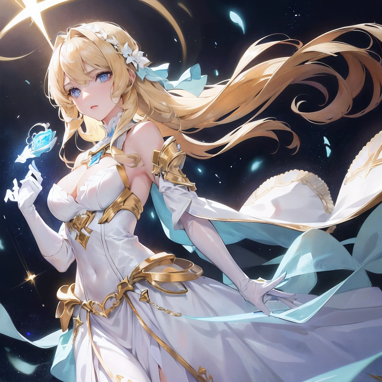 A young woman with long bright blonde hair，Surrounded by stars，she has blue eyes，Delicate and beautiful face，Wearing a long white conservative dress，Excellent figure, Straight breasts，face expressionless，The expression was indifferent，Floating in the palm of her hand was a silver key that radiated light