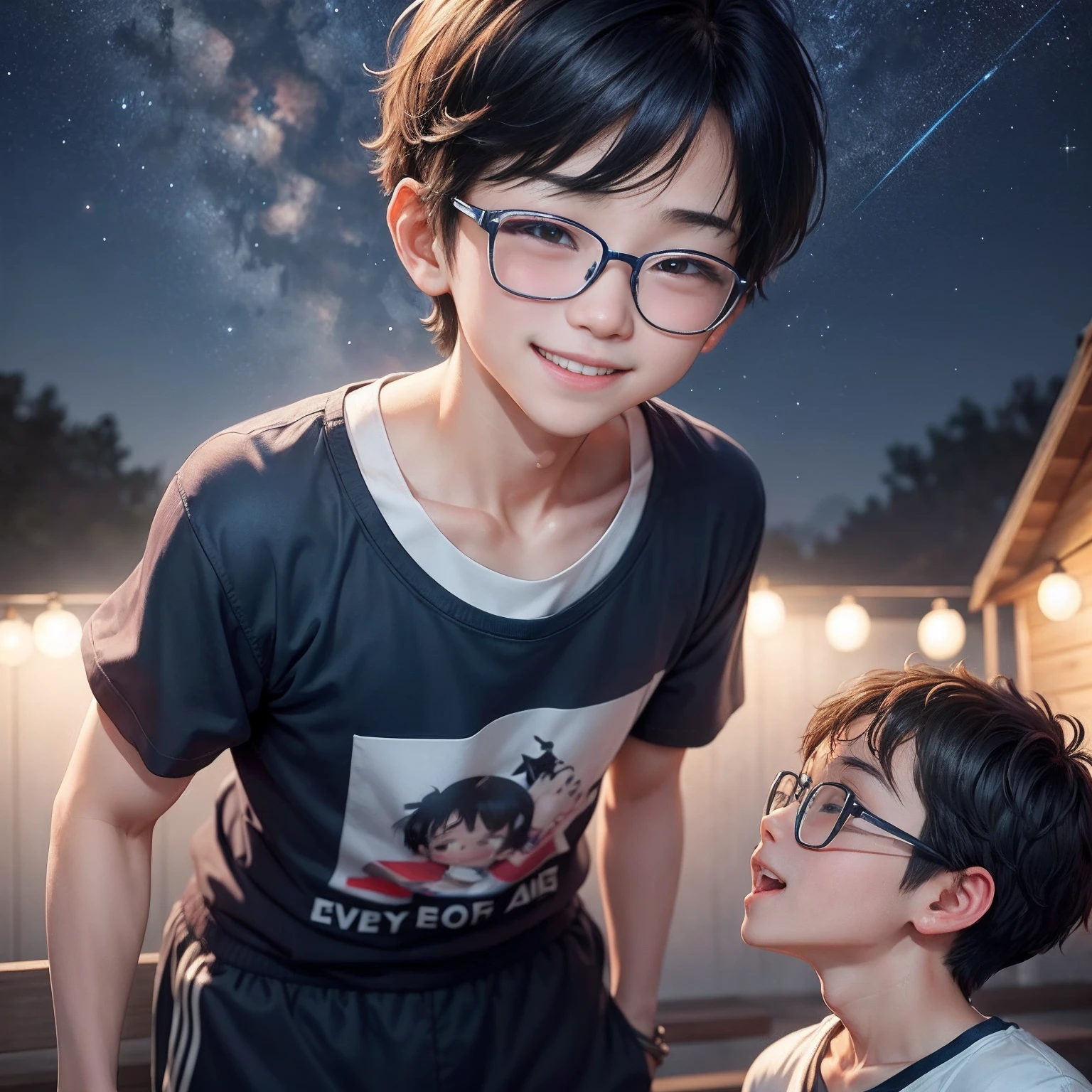 Boy under the stars， grow、A smile full of happiness、((()))、、、Panting Face、lack、After being attacked、full of sweat、Expressions in a state of excitement、short-hair、eye glass、(((Cute outfit)))、(((:1.3)))、