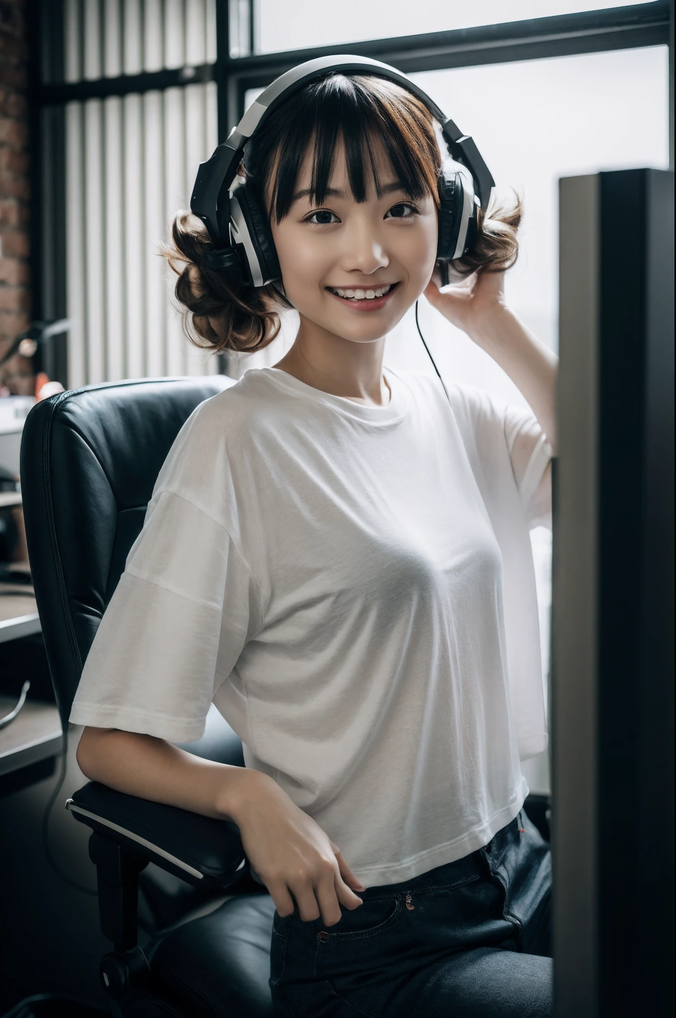 8K,RAW portrait of girl,80mm,超A high resolution,Best Quality,japanaese girl,Idol,Cute,Play games on PC,gamer,Sit in a gaming chair,wearing headset,Holding Game Controls、(darkened room:1.2),oversized T-shirts,sport short pants,(Natural Skin Texture,Detailed skin, Hyper-Realism,ultra sharpness),Intricate details,High resolution, Natural lighting,
Moonlight,scowl,White hair,tareme,Toned,Multiple girls,Bald,from behind,Spotlight,American,Curly hair,Looking back,Full body,girl,without nose,raincoat,short twintails,bangs pinned back,
hair messy,grin,Shy,colourfull,Vivid,