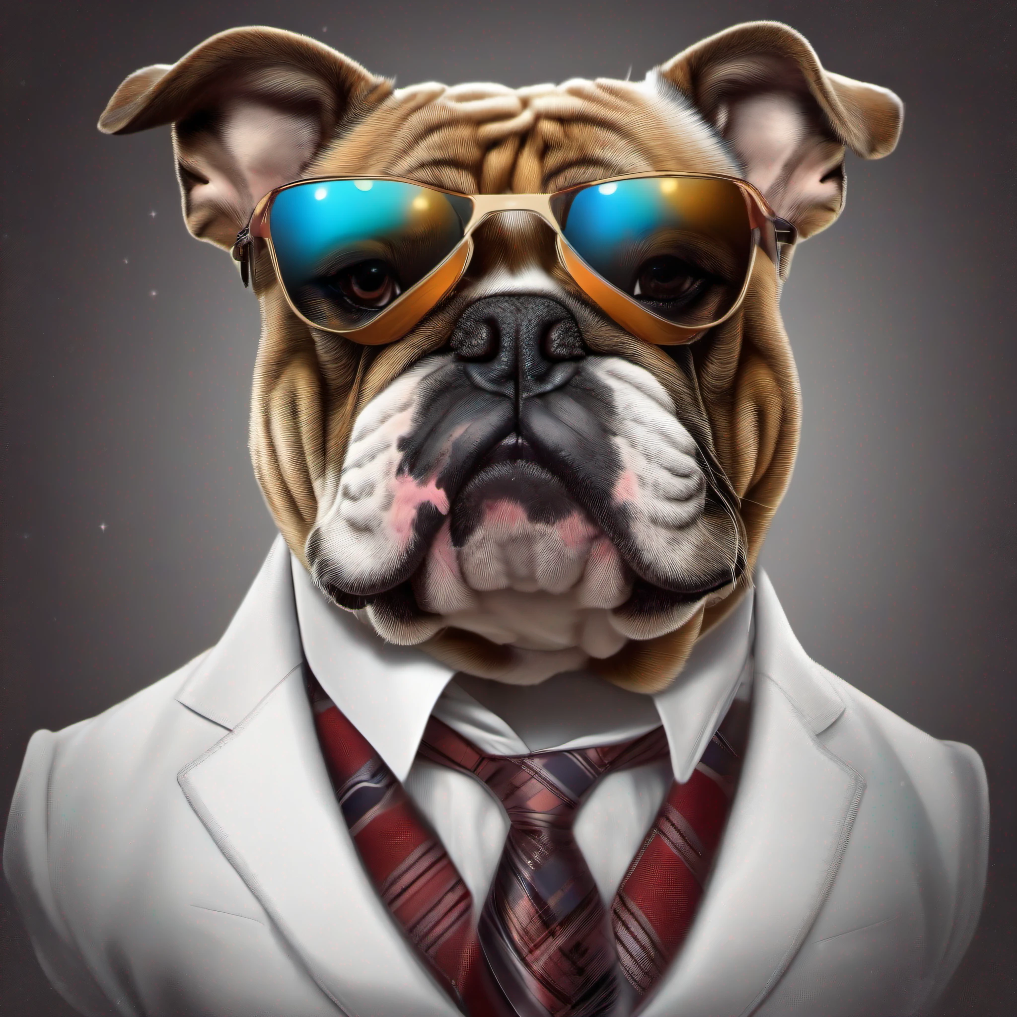 Bulldog wearing sunglasses and tie instead of collar
