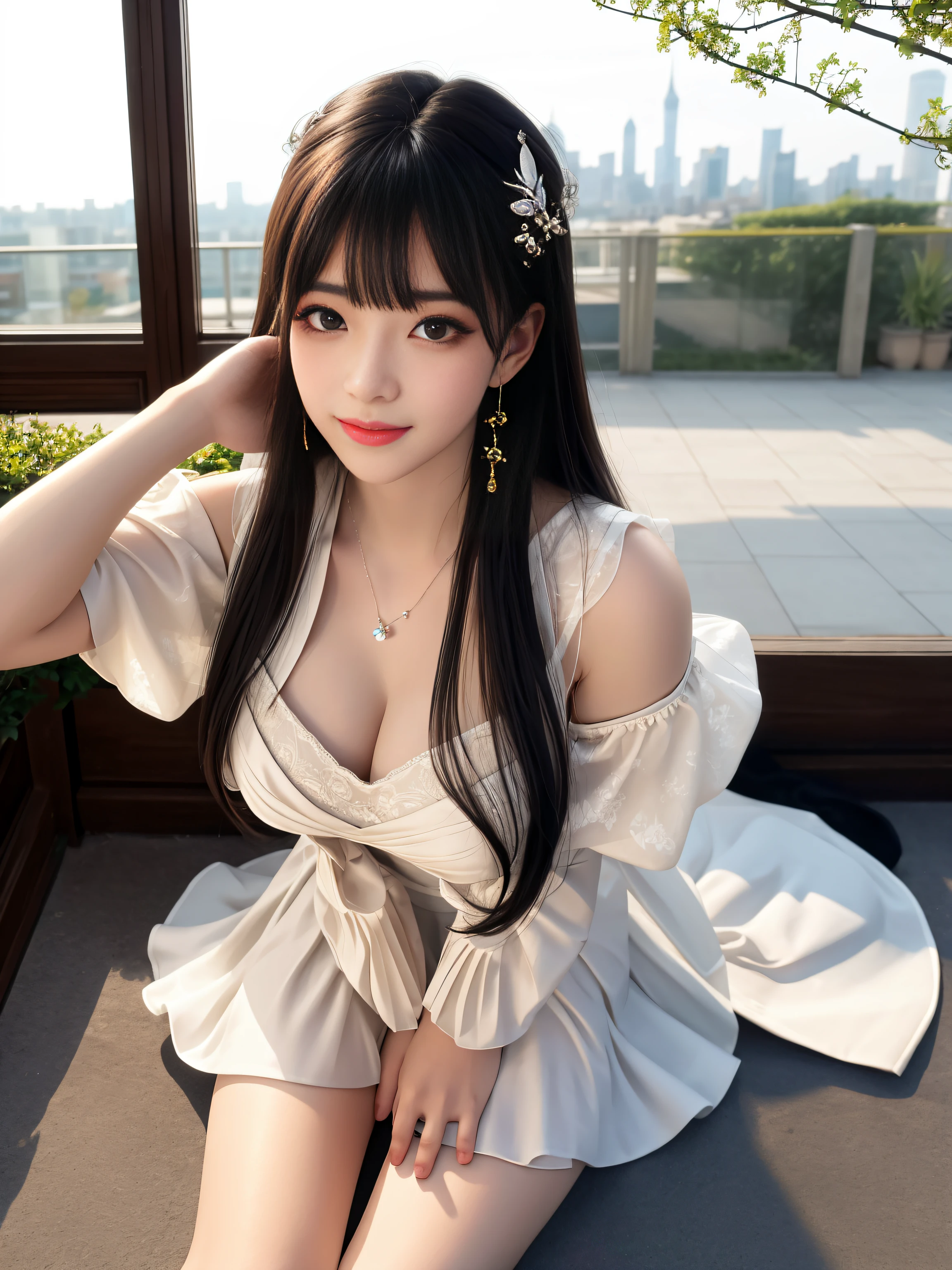 Best quality、tmasterpiece、A high resolution、Beautiful detailed girl、Super good quality dress、Thin stockings、Nice face、There are hair ornaments on the head、looking at viewert、ssmile、brown hair,beautiful and clear eyes(eyeslashes:1.1),、Fine Eye, 二重まぶた, Green eye pupils,Green eye pupils,Charming、Close-up Shot Shot,The chest is huge。There is a deep cleavage,There is a light in the chest,Looming,Extremely Delicately Beautiful、Keep one's mouth shut、cparted lips、shift dresses、delicatenecklace、long whitr hair、elaborate earrings、s delicate face、Outside the house、Tindal effect、hentail realism、Shadow Studio、edge lit、bicolor lighting、(highdetailskin:1.2)、 adolable, view over city, the night, Sateen, dampness, profesional lighting, photon maping, Radio City, physically-based renderingt, Above the legs