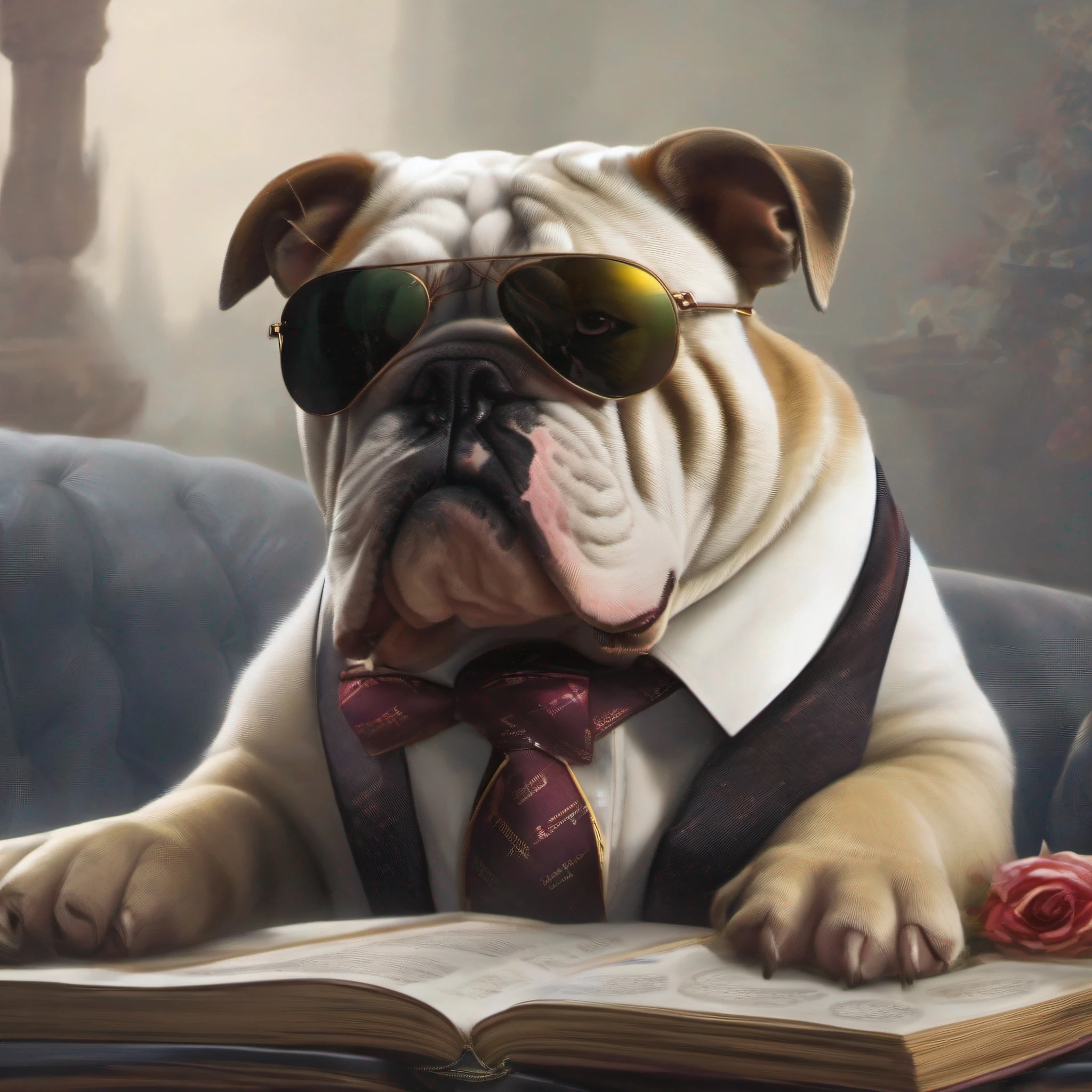 ((Bulldog wearing sunglasses and tie instead of collar))]:1.8、Masterpiece、A hyper-realistic