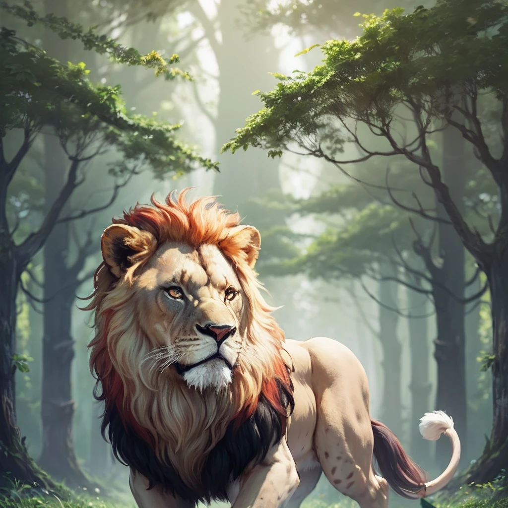 In the heart of a mystical and enchanted forest, a proud and fearsome creature stood, its regal presence commanding awe and respect. The manticore, a legendary beast with the body of a lion, the head of a human, and the tail of a scorpion, was an embodiment of power and mystery. Its silky, shimmering golden fur glowed under the dappled sunlight filtering through the leaves, while its piercing emerald eyes seemed to hold ancient wisdom. The manticore's mane flowed like a golden waterfall, cascading down its back. Its humanoid head wore a crown of precious gems, each one reflecting the sun's light.