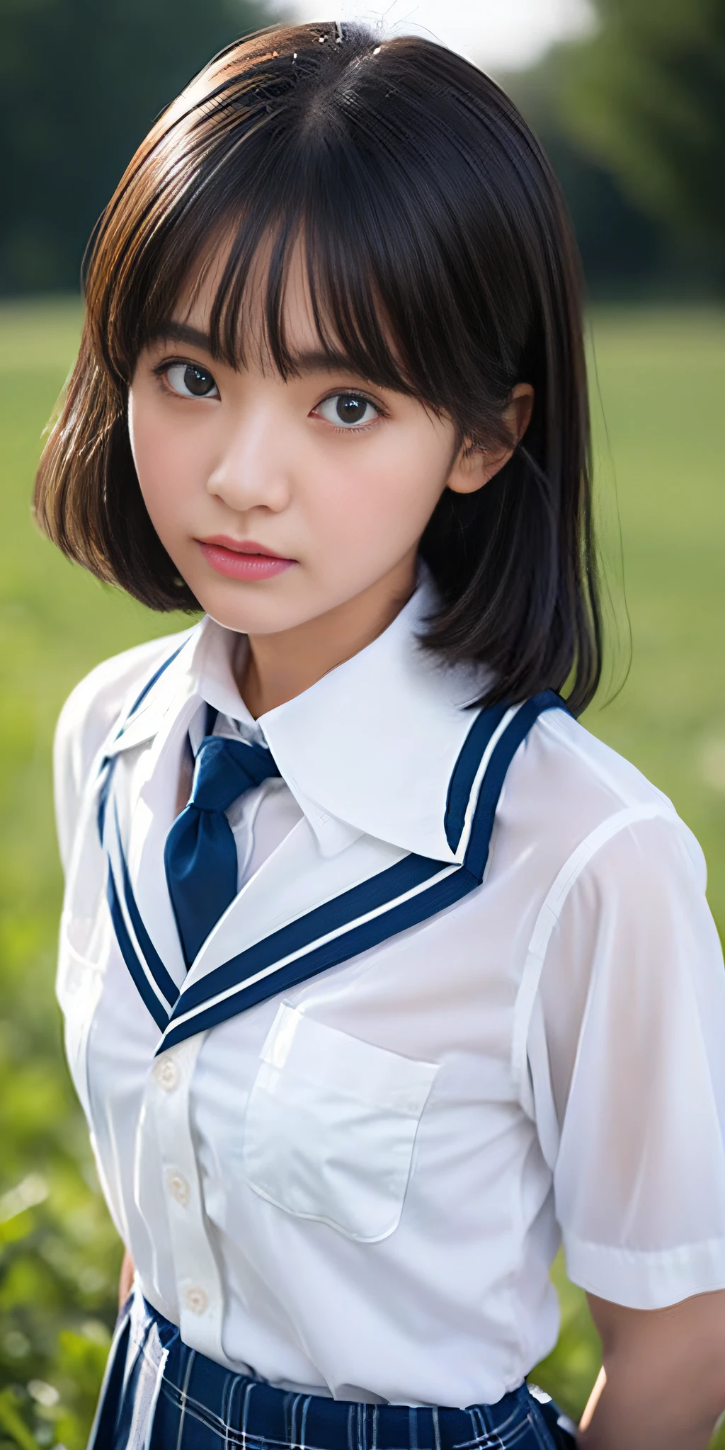 Neat and clean girl、(Schoolgirl Uniform、Loose and large shirt、shirt wet、The shirt was wet and、are see-through、Sheer white shirt、Navy blue ribbon at the collar、School Uniform Blazer、Dark blue pleated micro mini)、Outside the field、(Slimed)、Photorealsitic、detaileds, Skin Texture, ultra-detailliert、Delicate and sexy collarbone、Super Detailed Face、Detailed lips、A detailed eye、二重まぶた、tiny chest、Smaller chest、small tit、Small、flat breast、Chest emphasis、Very distressed look、Very embarrassed look、Lift the hem of the skirt yourself,、Show the camera your white panties