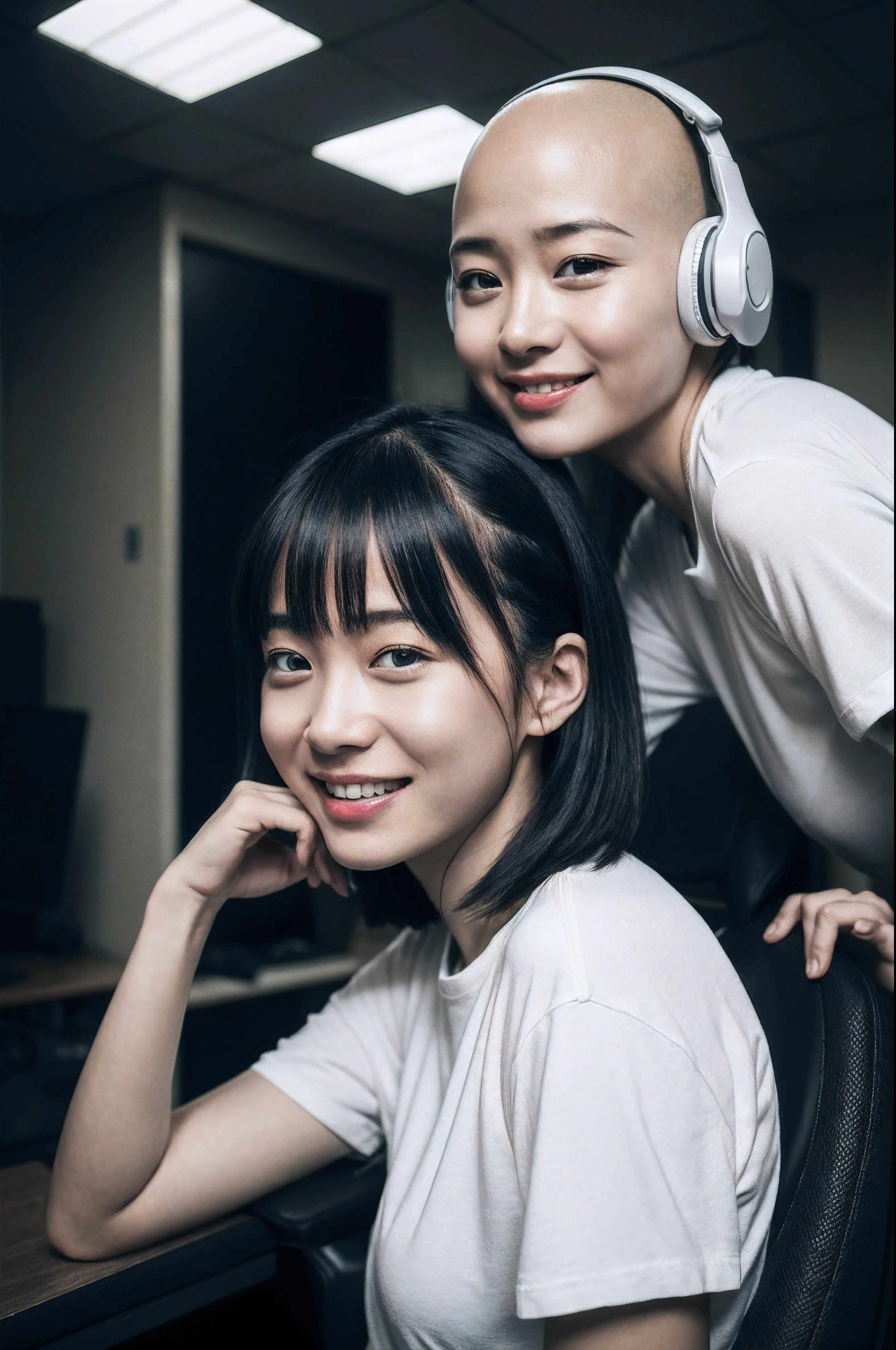 8K,RAW portrait of girl,80mm,超A high resolution,Best Quality,japanaese girl,Idol,Cute,Play games on PC,gamer,Sit in a gaming chair,wearing headset,Holding Game Controls、(darkened room:1.2),oversized T-shirts,sport short pants,(Natural Skin Texture,Detailed skin, Hyper-Realism,ultra sharpness),Intricate details,High resolution, Natural lighting,
Moonlight,scowl,White hair,tareme,Toned,Multiple girls,Bald,from behind,Spotlight,American,Curly hair,Looking back,Full body,girl,without nose,raincoat,short twintails,bangs pinned back,
hair messy,grin,Shy,colourfull,Vivid,