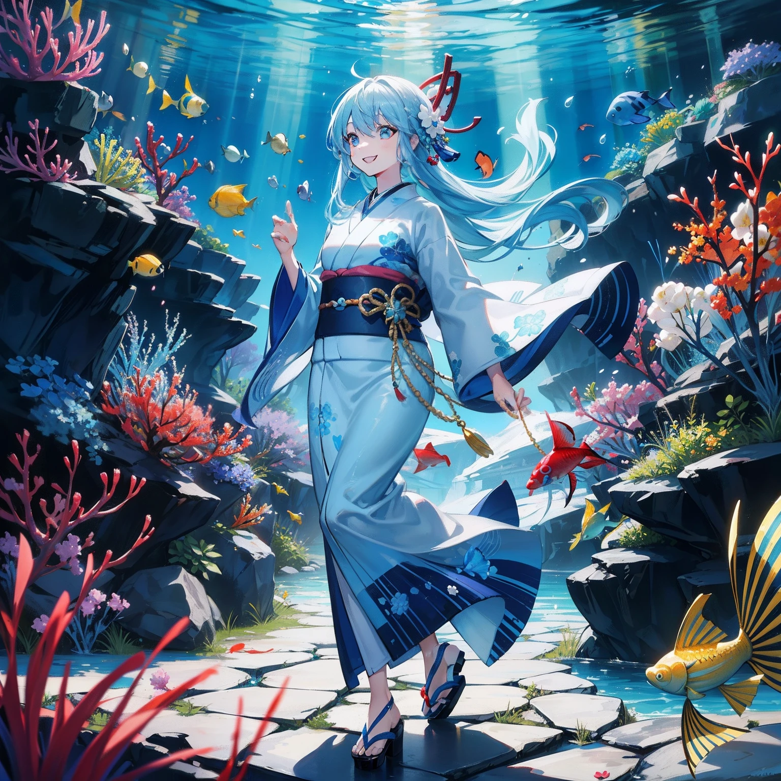 light blue hair woman walking under the sea, many colorful fishes, big smile, talking with fish, (masterpiece), (high quality), wearing a kimono