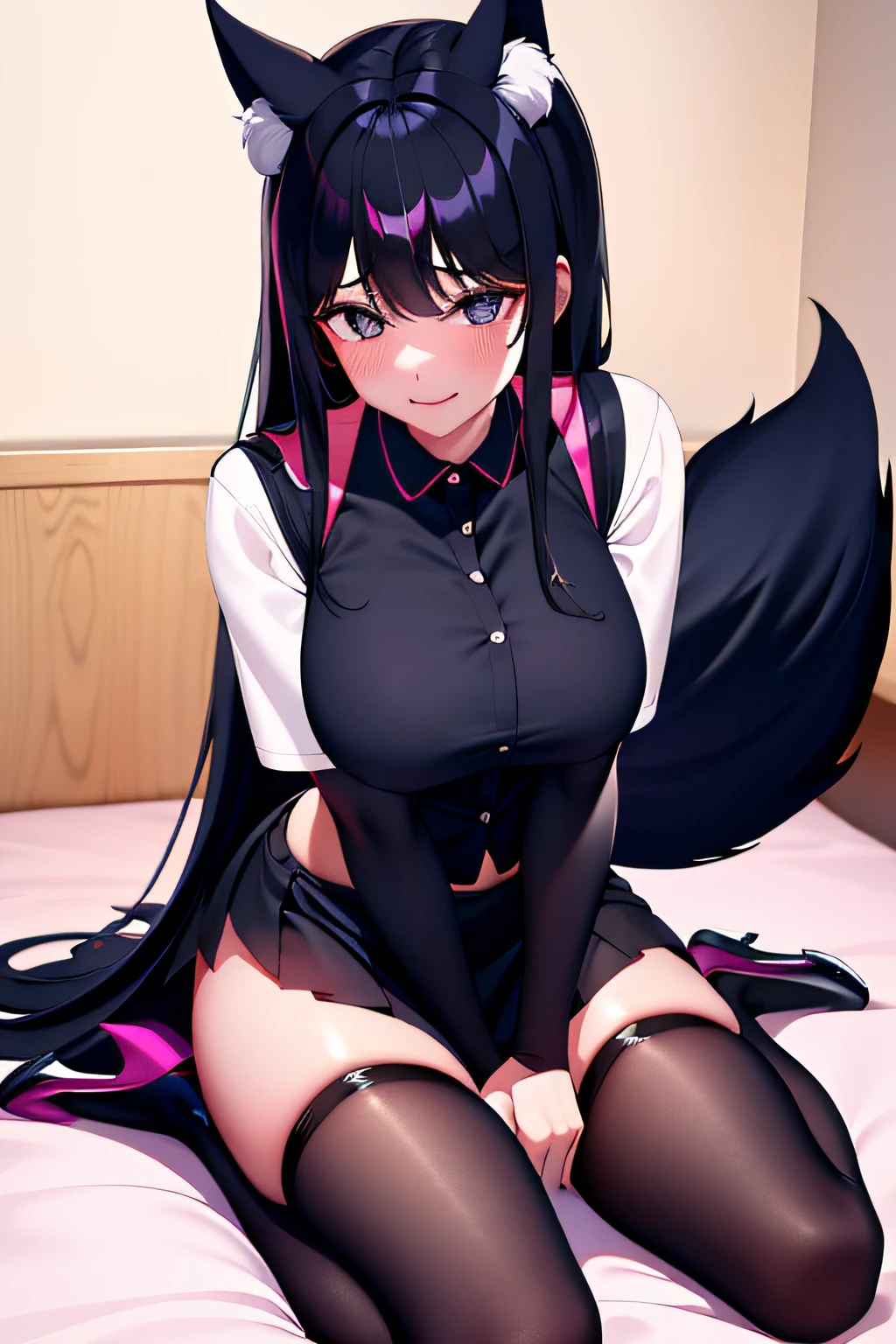4K,s girl,beauitful face,Long black hair,Black eyes,ssmile,mediuml breasts,idol clothes,short  skirt,fox tails,Suspender stockings,Pink high heels,full bodyesbian,sit on a bed,The edges are illuminated