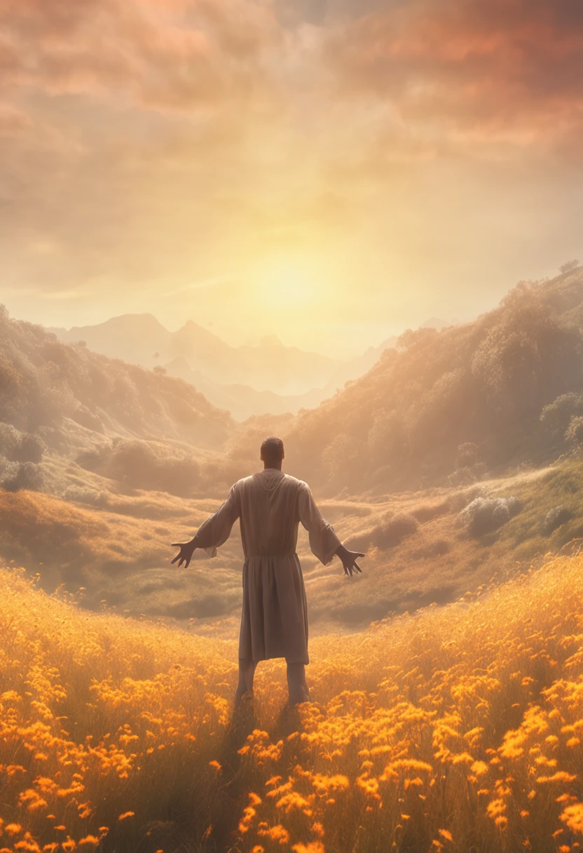 A man stands on a sun-drenched meadow, The outstretched hand is like a small hand, Ethereal creatures made of dreamy materials flutter around them, Eagerly accept the food offering.