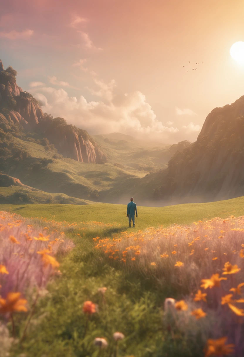 A man stands on a sun-drenched meadow, The outstretched hand is like a small hand, Ethereal creatures made of dreamy materials flutter around them, Eagerly accept the food offering.