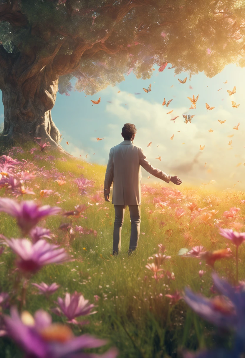 A man stands on a sun-drenched meadow, The outstretched hand is like a small hand, Ethereal creatures made of dreamy materials flutter around them, Eagerly accept the food offering.