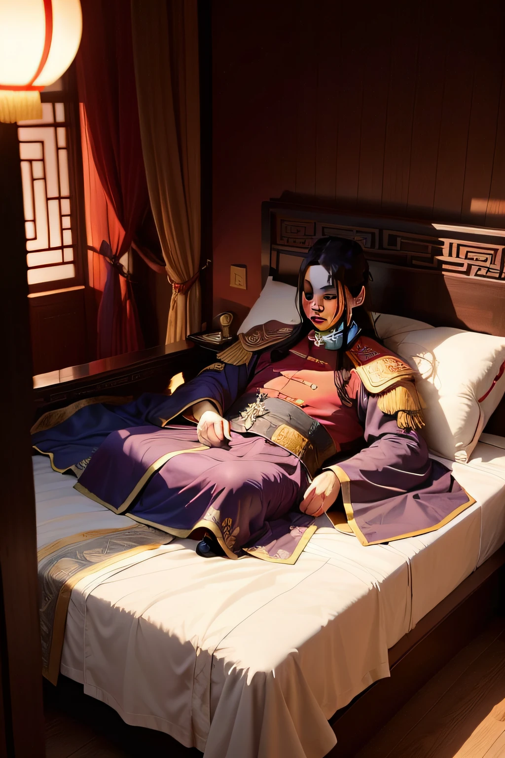 a Chinese king sleep, minister stand by bed side