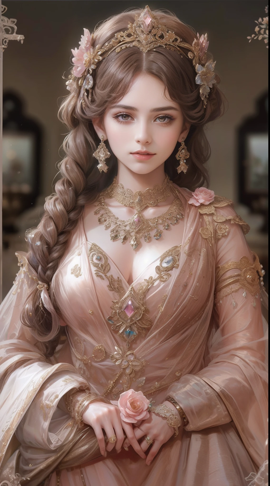 tmasterpiece,Highest high resolution,Beautiful bust of a noble woman,Delicate chocolate-colored braided hair,clear brown eyes,Hair is covered with beautiful and delicate floral craftsmanship, Crystal Jewelry Filigree,Ultra-detailed details,upscaled。Soft lighting、The color of the dress is pink、