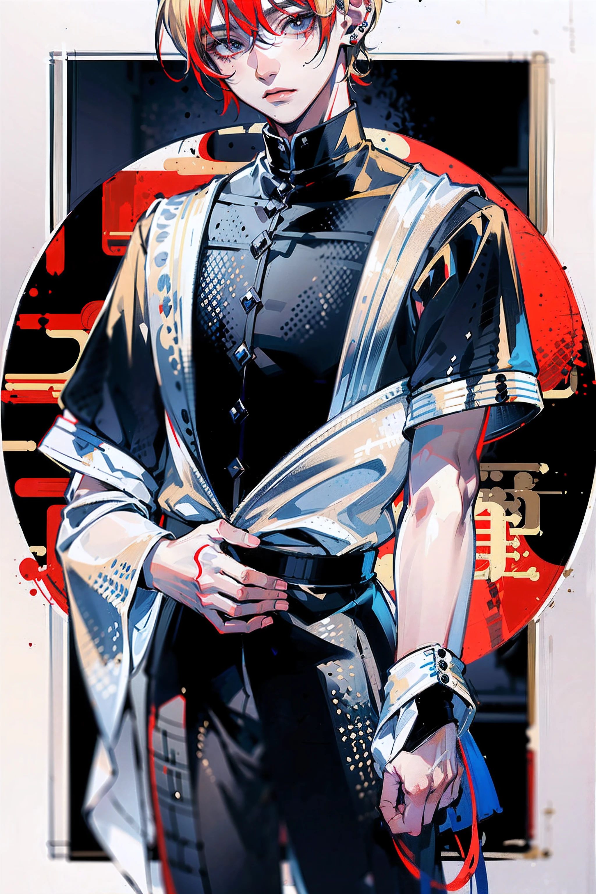 ((masutepiece: 1.4, Best Quality,Delicate)), Very short blonde hair、Red Eyes,(1Man Youth:1.3), Delicate hair, (Big black high-neck clothes hide the mouth:1.3),piercings, Night background,outline