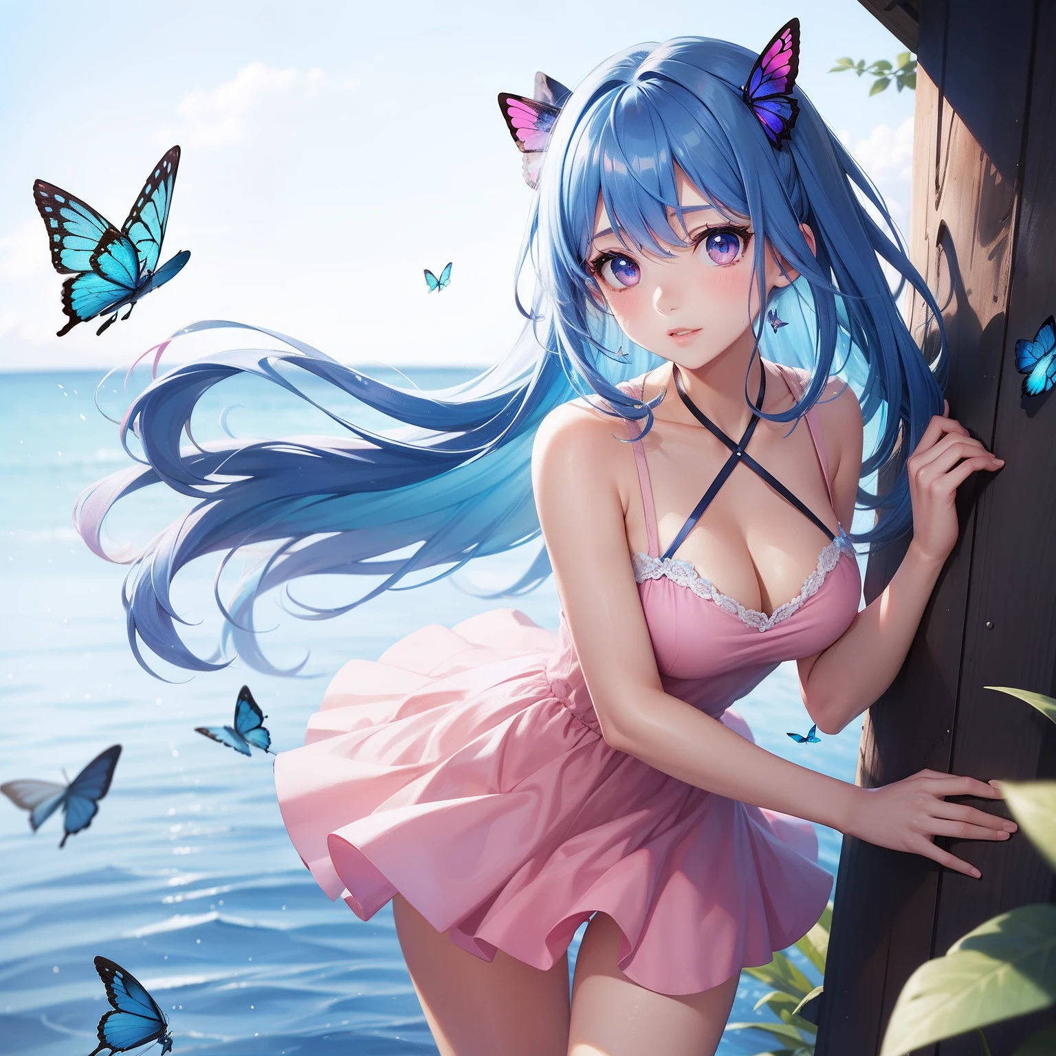 a women, blue butterfly, blue hair, pink eyes, pink dress