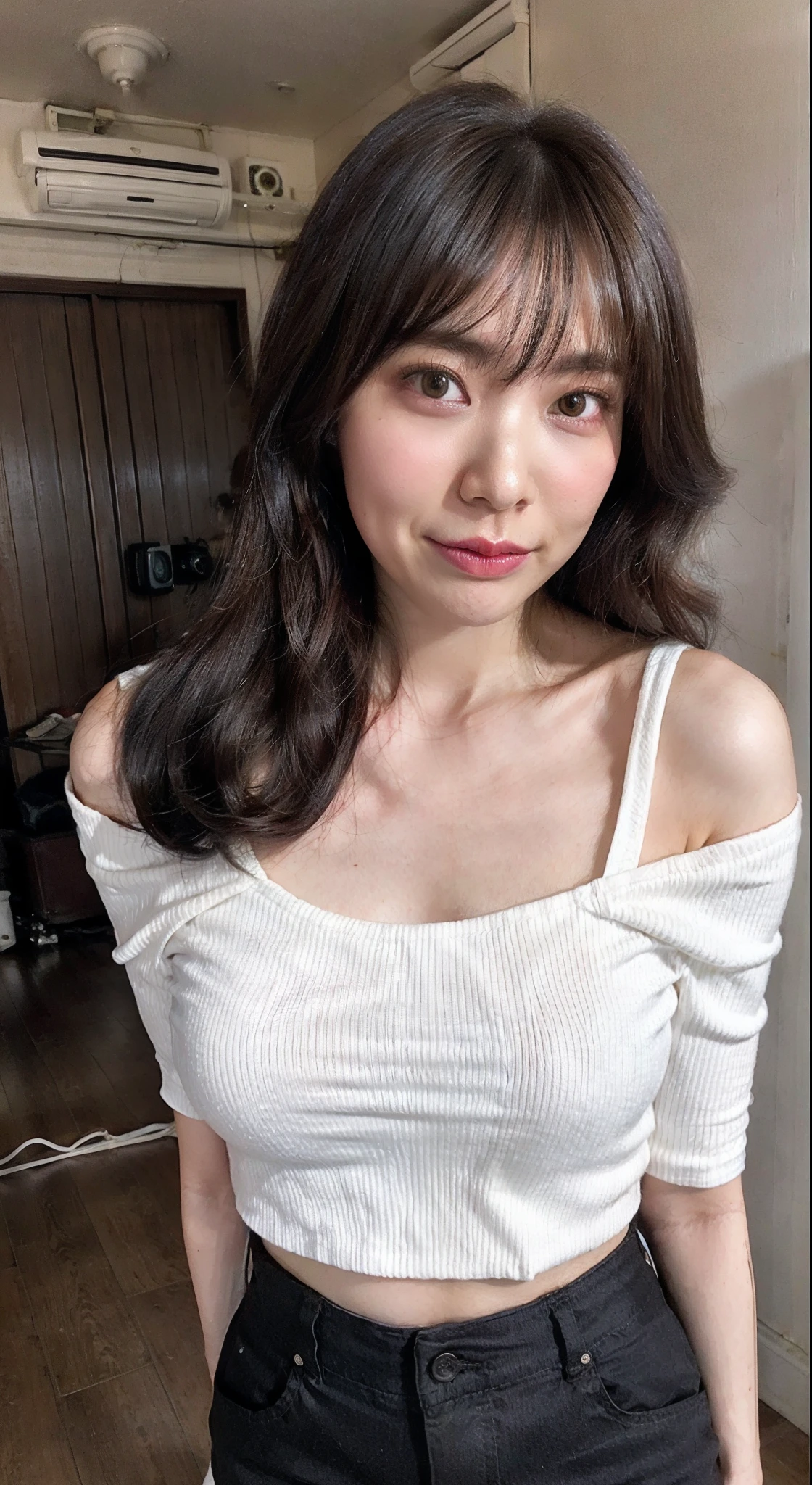 ((deep in the night, Need, 8K, tmasterpiece:1.3)),(realisticlying:1.4),RAW photogr,figure portrait,Very wide lens,closeup cleavage,weeping,scowling,Jumpy,streaming tears,Solitude,(True skin texture:1.3),(filmgrain:1.3) Focalors:1.2, perfect figure beautiful woman:1.4, ((White crop top:1.6), cropped shoulders,Denim super shorts, standing on your feet:1.2),((Long dark brown curly hair, huge tit:1.2 )), ((inside in room, )), Highly detailed facial and skin texture, A detailed eye, 二重まぶた