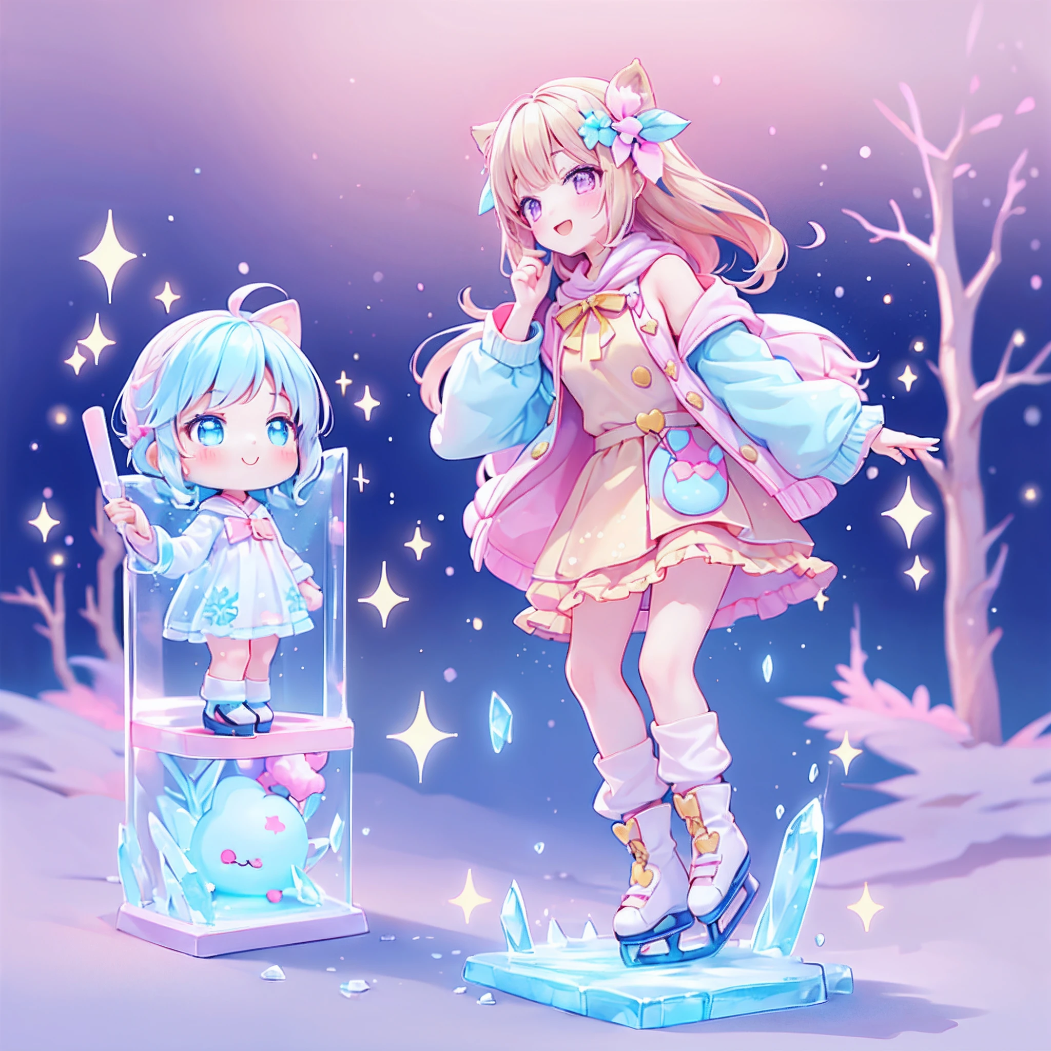 (tchibi), heartthrob, Ice skate on a frozen lake, kawaiitech, kawaii, Cute, Pastel colors, Best quality, cheerfulness, Deep background