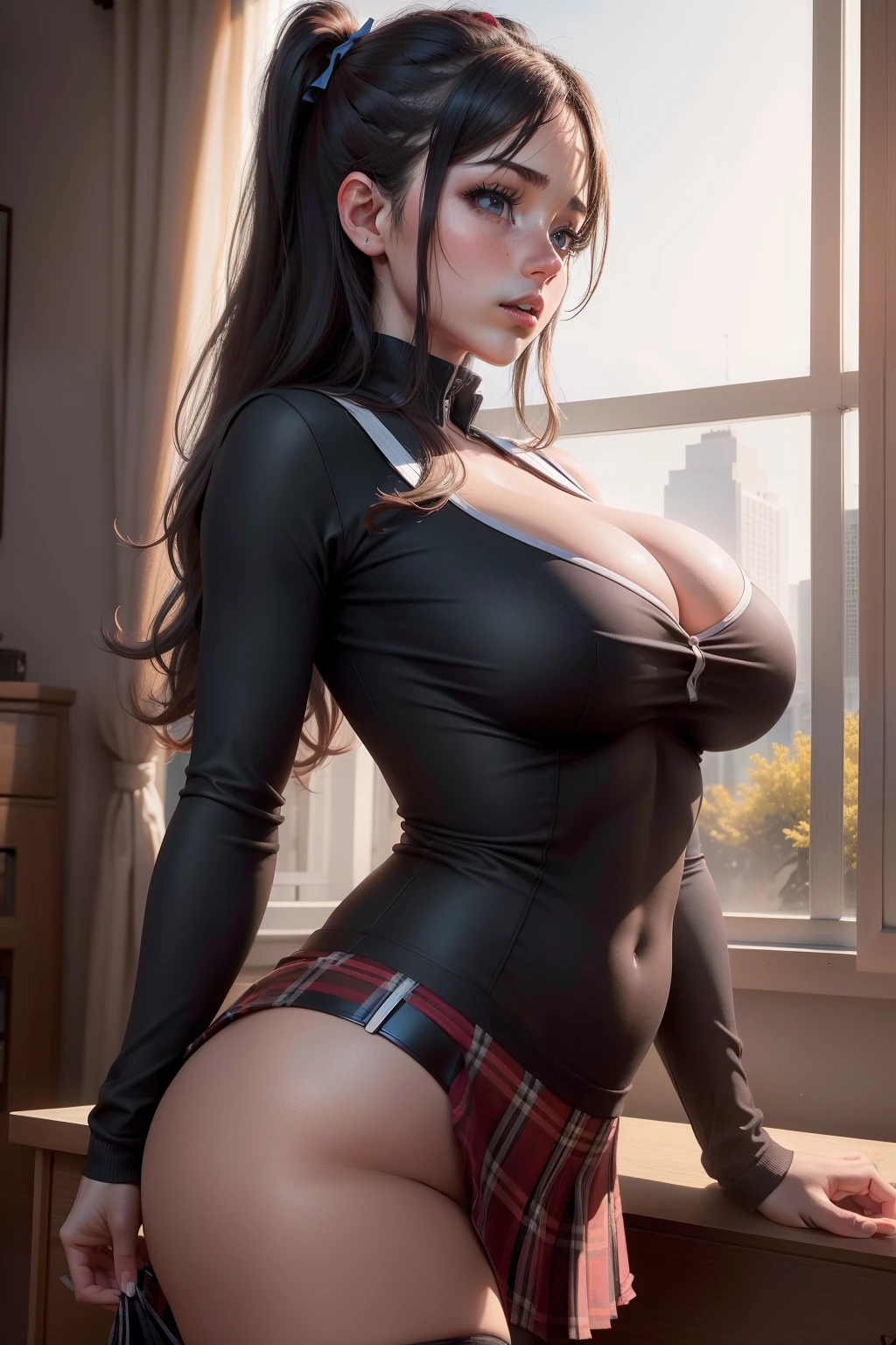 high resolusion, ultrasharp, 8k, obra maestra,schoolgirl, tetas enormes y sexys, perfil, pezones grandes