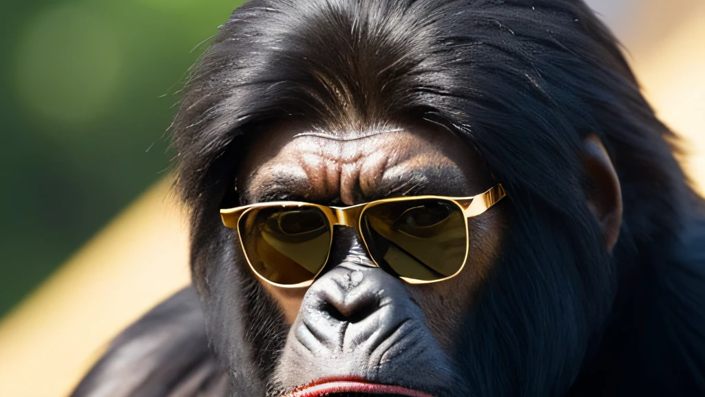 Planet of the Apes((top Quority,8K,tmasterpiece:1.3)),Gorilla Warrior(golden jewelery),perspired,Water droplets on the forehead of the face,exteriors,background urban cityscape,Overhead,Sharp focus:1.2,cute animal:1.4,((Layered Hair Style)),(Planet of the Apes 1),very detailed face and skin and hair texture,Knotted brunette hair,Moist textured hair,Moist body,Detailed eyes, 二重まぶた,White skin of the,Beautiful legs, beautiful delicate nose,warriors,dynamic angle,Deleite para la vista,Compositional suggestiveness,while emphasizing the subject's hair,The eye,Mouth and movements,At the same time, It exudes melancholic emotions,It is characterized by a mixture of calm tones and contrasts of light and shadow,gorillaz,Gold-tone sunglasses,Jewelry diamond frame yellow gold sunglasses,Gorilla warrior wearing jewelry diamond frame gold sunglasses