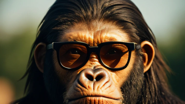 Planet of the Apes((top Quority,8K,tmasterpiece:1.3)),Gorilla Warrior(golden jewelery),perspired,Water droplets on the forehead of the face,exteriors,background urban cityscape,Overhead,Sharp focus:1.2,cute animal:1.4,((Layered Hair Style)),(Planet of the Apes 1),very detailed face and skin and hair texture,Knotted brunette hair,Moist textured hair,Moist body,Detailed eyes, 二重まぶた,White skin of the,Beautiful legs, beautiful delicate nose,warriors,dynamic angle,Deleite para la vista,Compositional suggestiveness,while emphasizing the subject's hair,The eye,Mouth and movements,At the same time, It exudes melancholic emotions,It is characterized by a mixture of calm tones and contrasts of light and shadow,gorillaz,Gold-tone sunglasses,Jewelry diamond frame yellow gold sunglasses,Gorilla warrior wearing jewelry diamond frame gold sunglasses