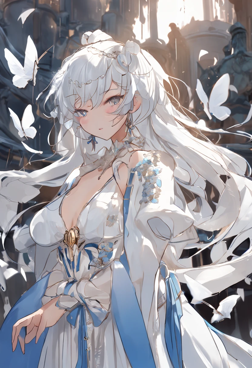 Anime - Stylistic image of a woman in a white dress and blue shoes, white-haired god, From Arknights, flowing white robe, Anime goddess, from girls frontline,  The cute anime Waifuku wears a beautiful dress light blue transparent robe，rosto magro，expressiveless，Royal sister，Bare chest，with thin legs，Light blue eyes，white colored eyelashes，long leges，White skin，Barefoot，White color blouse，short white pants，sliver long hair，Long face，A woman who is，No bangs，Tall and tall，The chest is large，with hair dishevelled