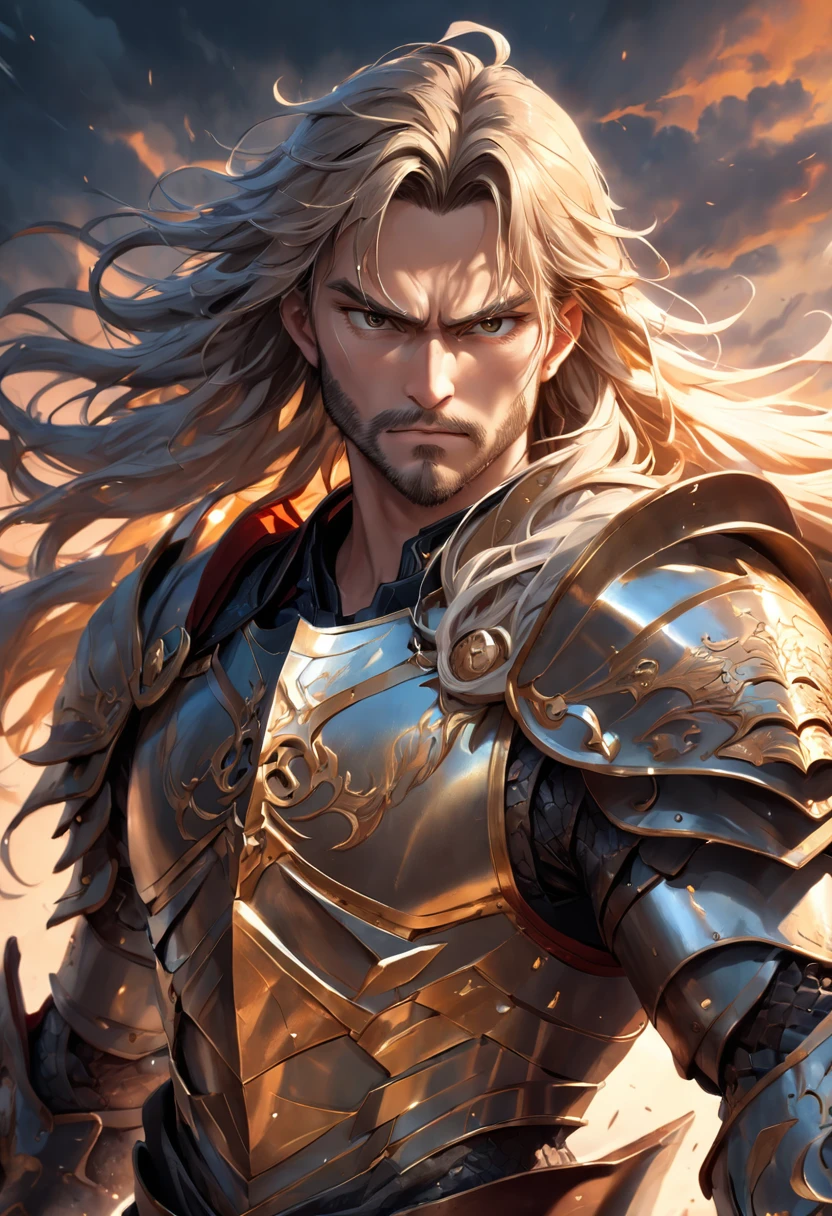 Close-up portrait of a person in armor holding a sword, Complex armor patterns,golden armour,length hair、Silvery hair、Red clouds,Clouds in the sky surround the sun,(Professional 3D Rendering:1.3) In the (Realistic:1.3) The most beautiful art photos in the world,Soft Features, Brilliant male hero, ((Epic Hero Rough Fantasy Muscular Men Wet Hero Looks Angry Long Hair, Intense expression of short beard and dynamic pose, fantastic location, Majestic and cluttered environment)), Whole body 8K unit rendering, action SHOT, skin pore, Very dark lighting, heavy shading, A detailed, Detal Face, (vibration, realistic photo shot, Realistic, Dramatic, darkly, foco nítido, 8K), (Old leather clothes damaged by bad weather:1.4), ((((Use skins)))), (with an intricate:1.4), Decadent, (ighly detailed:1.4), digitial painting, rendering by octane, art stations, concept-art, suave, foco nítido, Illustration, From the budding of art, (Roisch:0.23), Vlop Ilya Kuvshinov, e Greg Rutkowski e Alphonse Thank you very much, (globalillumination, studio lights, Amount of light), Fanciful, we, Inteliosbian, ((Dark ancient city background:1.3)),CG Sesociedad,art stations