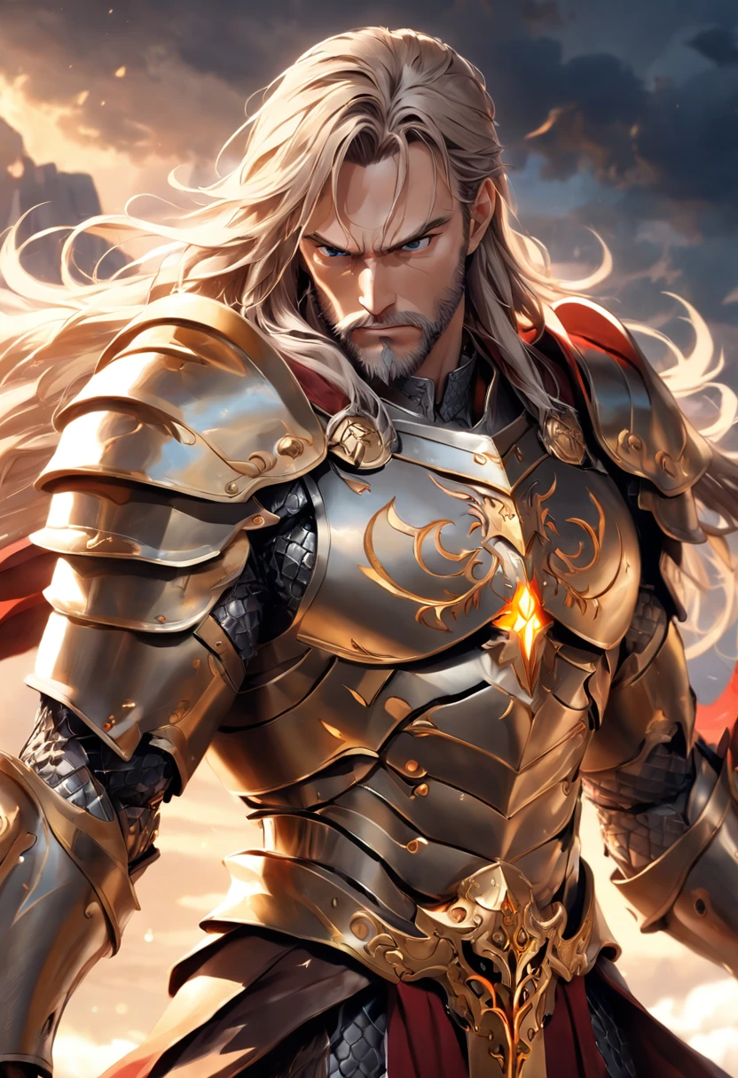 Close-up portrait of a person in armor holding a sword, Complex armor patterns,golden armour,length hair、Silvery hair、Red clouds,Clouds in the sky surround the sun,(Professional 3D Rendering:1.3) In the (Realistic:1.3) The most beautiful art photos in the world,Soft Features, Brilliant male hero, ((Epic Hero Rough Fantasy Muscular Men Wet Hero Looks Angry Long Hair, Intense expression of short beard and dynamic pose, fantastic location, Majestic and cluttered environment)), Whole body 8K unit rendering, action SHOT, skin pore, Very dark lighting, heavy shading, A detailed, Detal Face, (vibration, realistic photo shot, Realistic, Dramatic, darkly, foco nítido, 8K), (Old leather clothes damaged by bad weather:1.4), ((((Use skins)))), (with an intricate:1.4), Decadent, (ighly detailed:1.4), digitial painting, rendering by octane, art stations, concept-art, suave, foco nítido, Illustration, From the budding of art, (Roisch:0.23), Vlop Ilya Kuvshinov, e Greg Rutkowski e Alphonse Thank you very much, (globalillumination, studio lights, Amount of light), Fanciful, we, Inteliosbian, ((Dark ancient city background:1.3)),CG Sesociedad,art stations