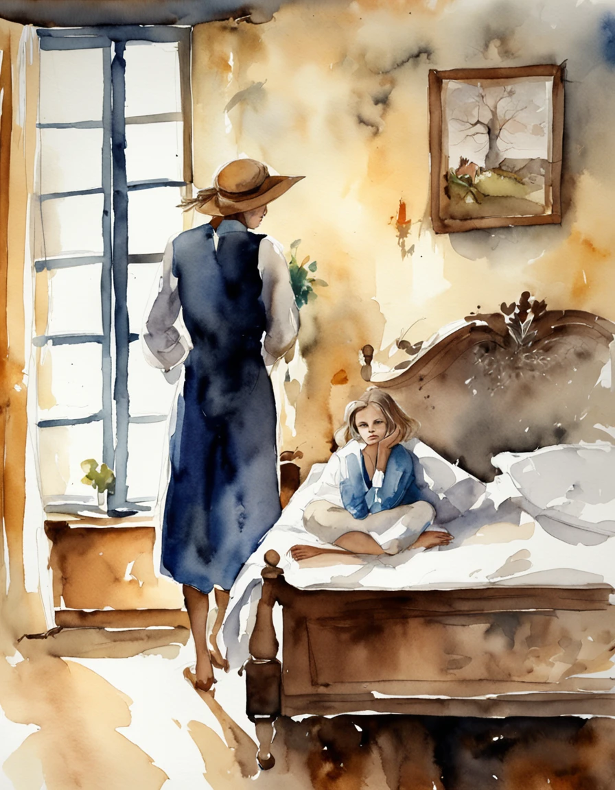 The shadowy figure sitting on the bed, with a frightened woman standing nearby, 4k