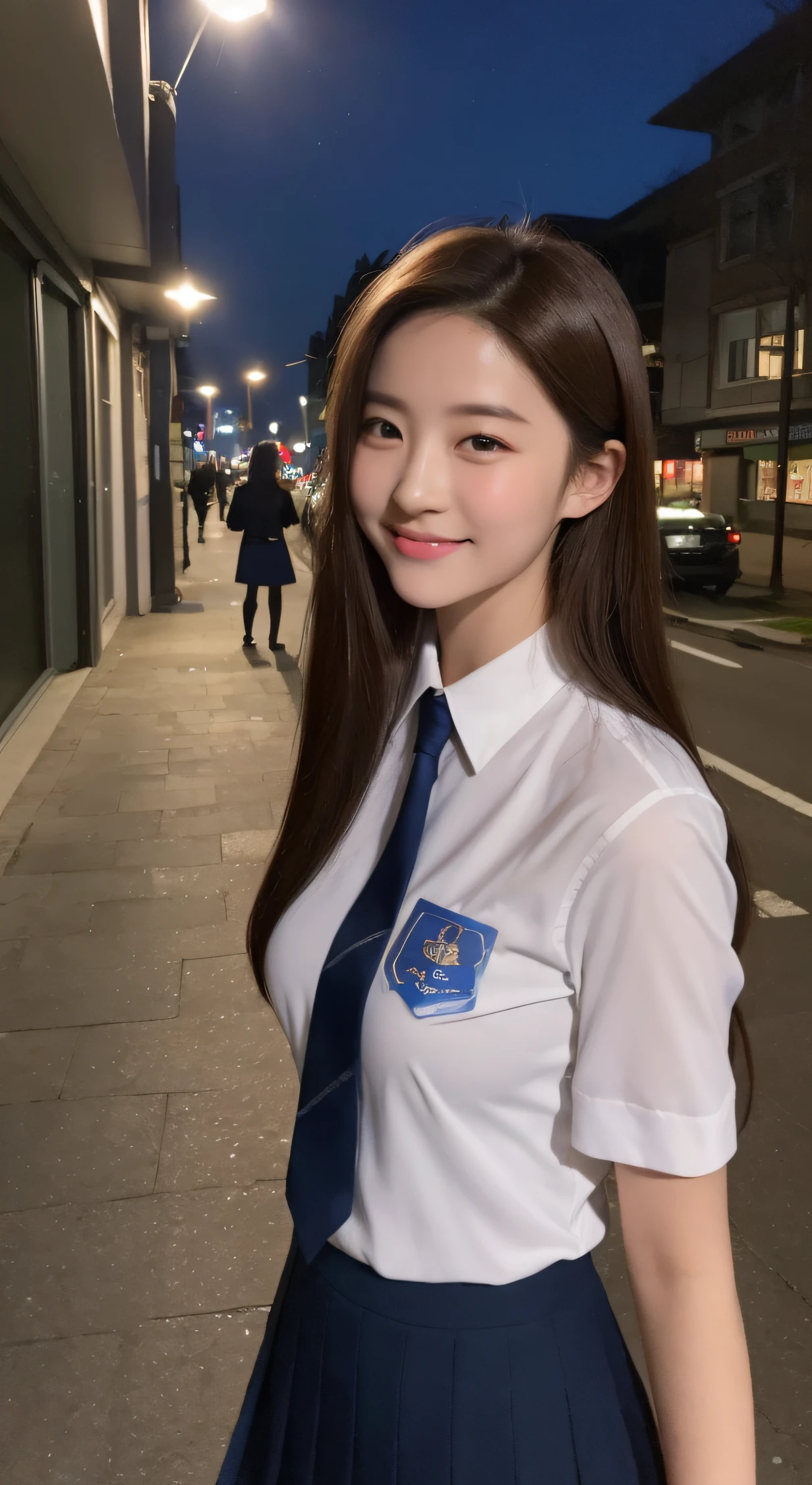 ((Realistic lighting, Bestquality, 8k, MASTERPIECE:1.3)), Sharp Focus:1.2, 1girl, A beauty with a perfect figure:1.4, Slim abs:1.1, ((Dark Brown Hair)), (school uniforms:1.4),(out door,at nighttime:1.1),City street,Ultra-fine face,Fine eyes,Double eyelidd,Pretty Smile closed mouth, firmed boobs,