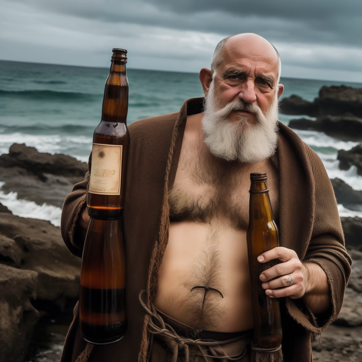 Monge, elfo, velho, homem velho, roupas de monge, fraco, barba branca, careca, gordo, fraco, bottle in hand, em um barco