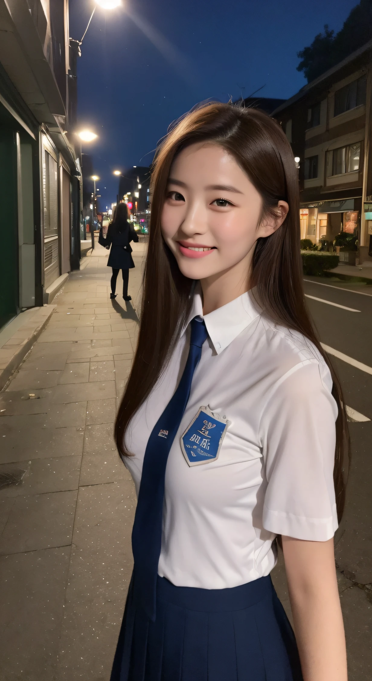 ((Realistic lighting, Bestquality, 8k, MASTERPIECE:1.3)), Sharp Focus:1.2, 1girl, A beauty with a perfect figure:1.4, Slim abs:1.1, ((Dark Brown Hair)), (school uniforms:1.4）,（out door，at nighttime：1.1），City street，Ultra-fine face，Fine eyes，Double eyelidd，Pretty Smile closed mouth, firmed boobs, 16 years old
