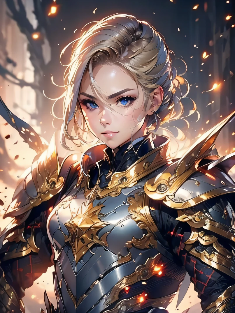 (masterpiece、top-quality、raw、analog style)、foco nítido、Stunning portrait of a beautiful woman、4/5 shots、short blonde hair、((highlydetailed skin、Skin Details))、Perfect physique、Knight's armor with intricate patterns、full armor、full face helmet、Church Square at sunset、holding swords、eye brows up、Sharp eyes、ighly detailed、battle posture、Detailed hand depiction、Detailed chest depiction、Frontal lighting