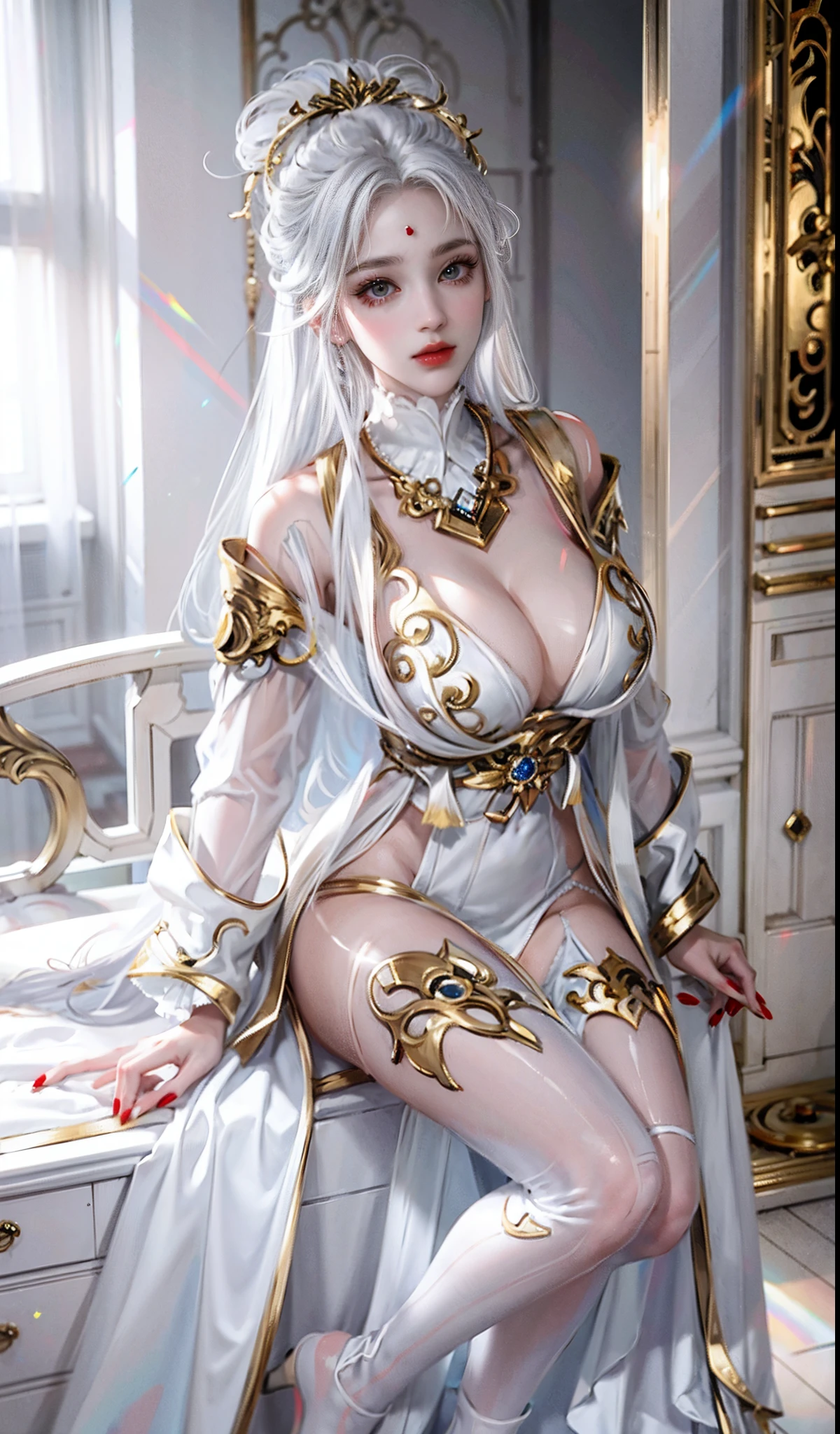 white color hair，White clothes, red decoration, gold decoration，Original face shape，