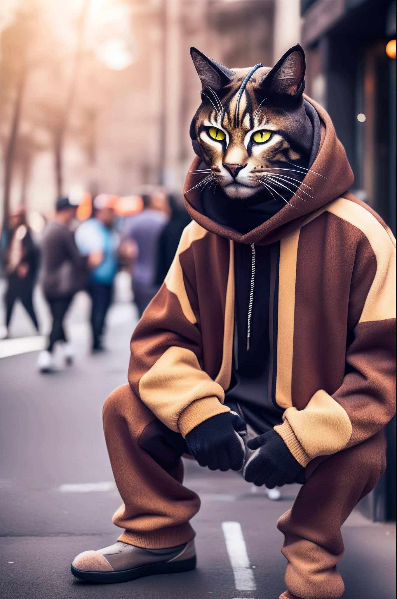 a photo of a cat-man hybrid as a hip-hop DJ, realistic, on the street, masterpiece, super detail, best quality