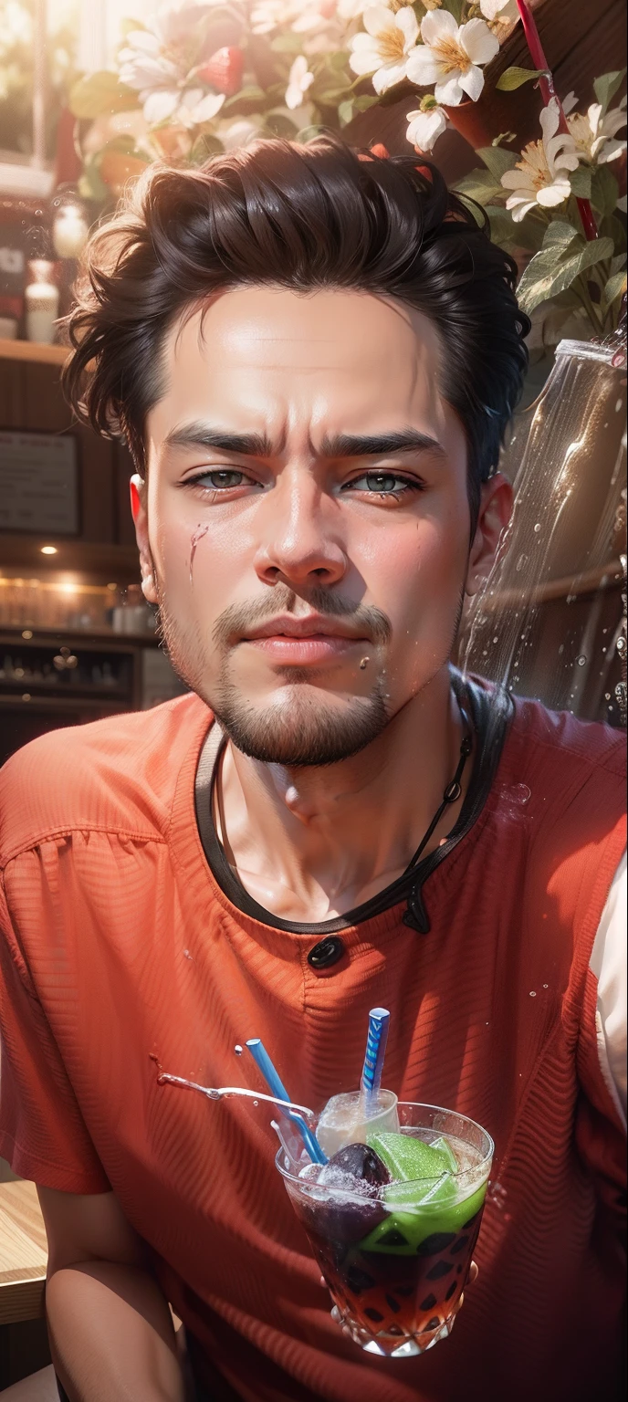 Boy in red shirt drinking water with goblet and ice cream, with a straw, taken with sony alpha 9, drinking a strawberry iced latte, shot on nikon z9, shot on a Canon EOS R5, shot on canon eos r 5, drinking a drink, photo taken with canon 5d, drink boba tea, ren heng, Shot on Canon EOS R 6