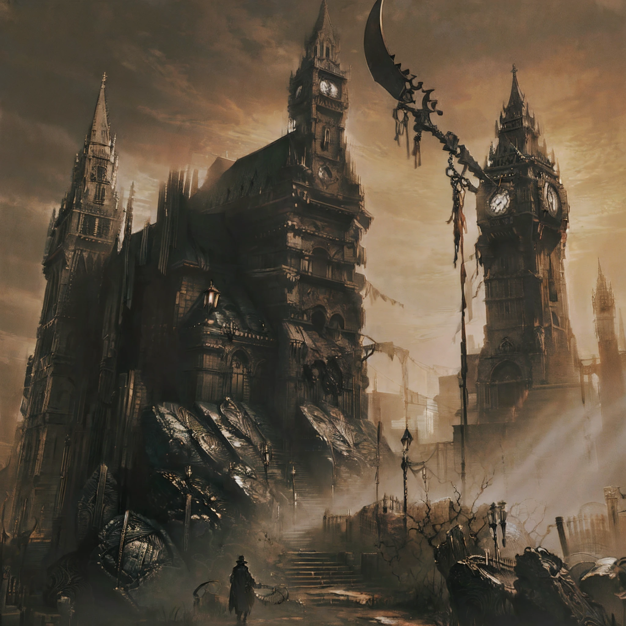((top-quality)), ((masterpiece)), ((ultra-detailliert)),(8k wallpaper:1.2),(Ultra-high resolution:1.2),(masterpiece:1.1),wallpaper,High quality,(High detail),(absurdres, highres, ultra detailed),( best quality:1.2),1 man, wearing a trenchcoat, wearing a dark musketeer hat, holding a scythe, bloodborne boss, cinematic,dark, gritty,souls like art, extremely detailed, highest resolution ,London City,dark fantasy