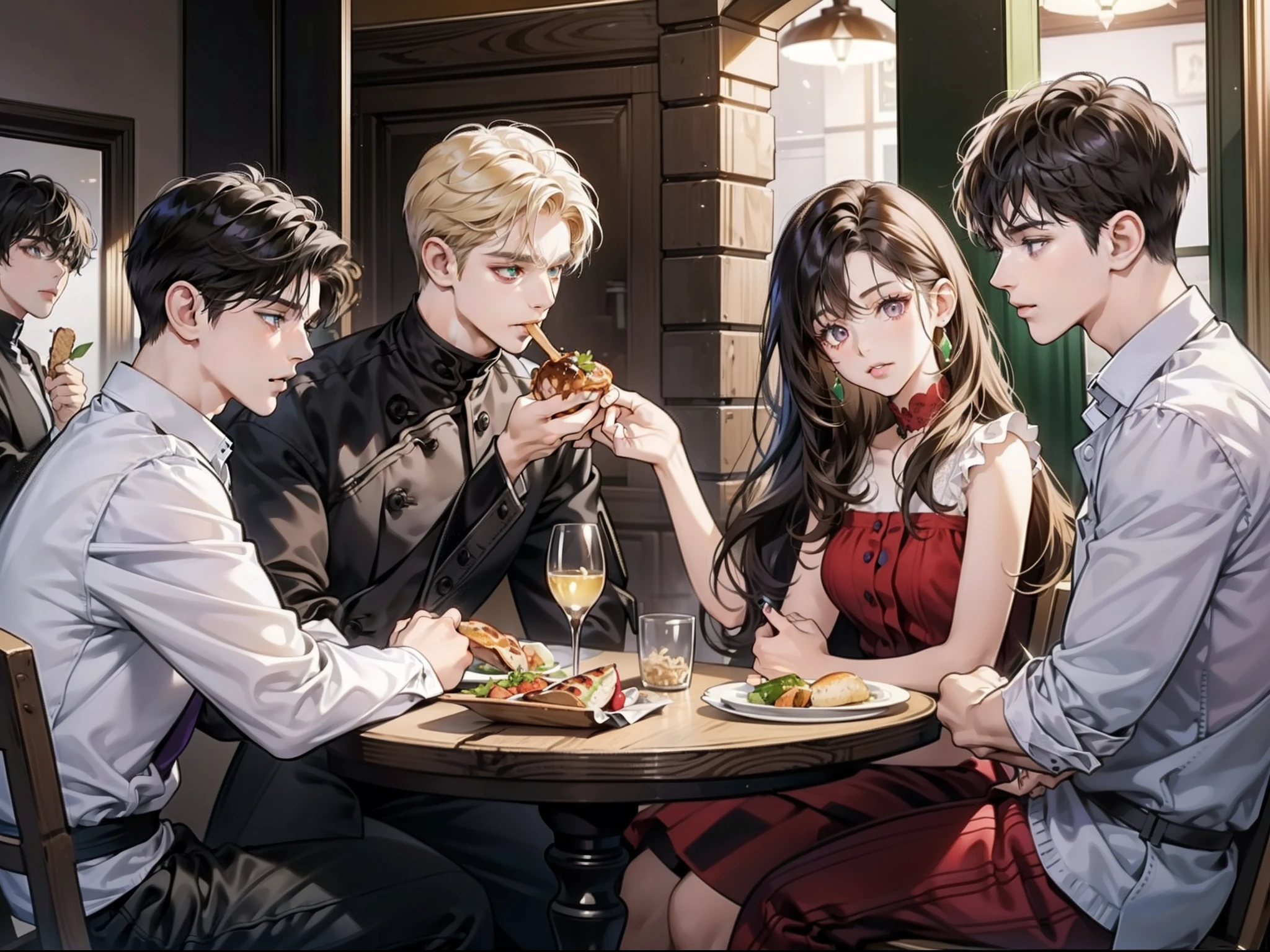 Friends, 1 girl 3 boys, different hair color, girl with long black hair and purple eyes, boy with short blonde hair and green eyes, boy with short brown hair and brown eyes, boy with short red hair and brown eyes, face to face, romantic, restaurant, sitting down, foods, mouth opens, talking