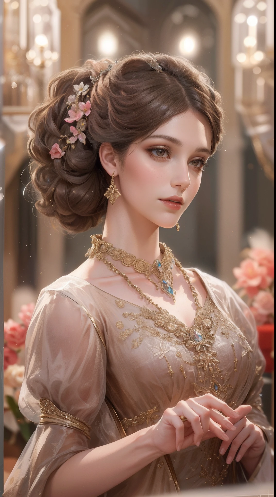 tmasterpiece，Highest high resolution，Beautiful bust of a noble woman，Delicate chocolate-colored braided hair，clear brown eyes，Hair is covered with beautiful and delicate floral craftsmanship, Crystal Jewelry Filigree，Ultra-detailed details，upscaled。Soft lighting、The color of the dress is pink、