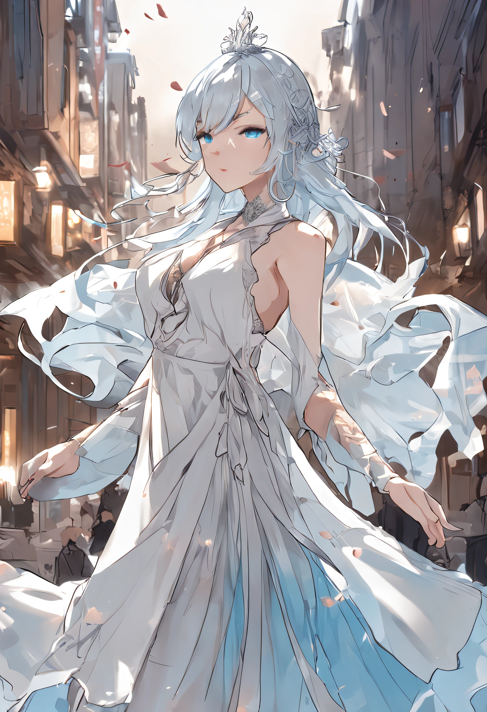 Anime - Stylistic image of a woman in a white dress and blue shoes, white-haired god, From Arknights, flowing white robe, Anime goddess, from girls frontline,  The cute anime Waifuku wears a beautiful dress light blue transparent robe，rosto magro，expressiveless，Royal sister，Bare chest，with thin legs，Light blue eyes，white colored eyelashes，long leges，White skin，Barefoot，White color blouse，short white pants，sliver long hair，Long face，A woman who is，No bangs，Tall and tall，The chest is large，with hair dishevelled