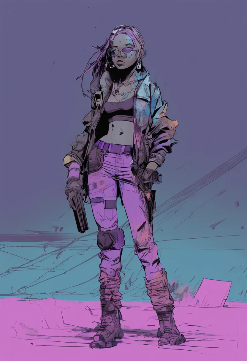 Full body portrait of beautiful chubby woman, whole head in frame, Dark skin tone, Long neon hair, Light purple root blue end, (((yoji shinkawa))) Yoji Shinkawa's post-apocalyptic style, Cyberpunk, suns rays,