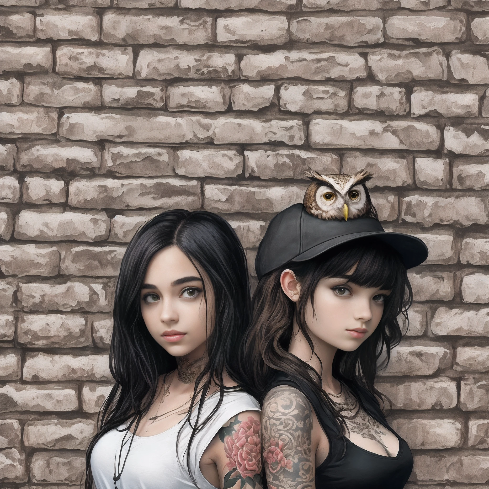 On a brick wall. Doodle drawing. Against the background of white circles, A cute cool blonde rocker and a tattooed young girl dressed in black, On her shoulder is an owl