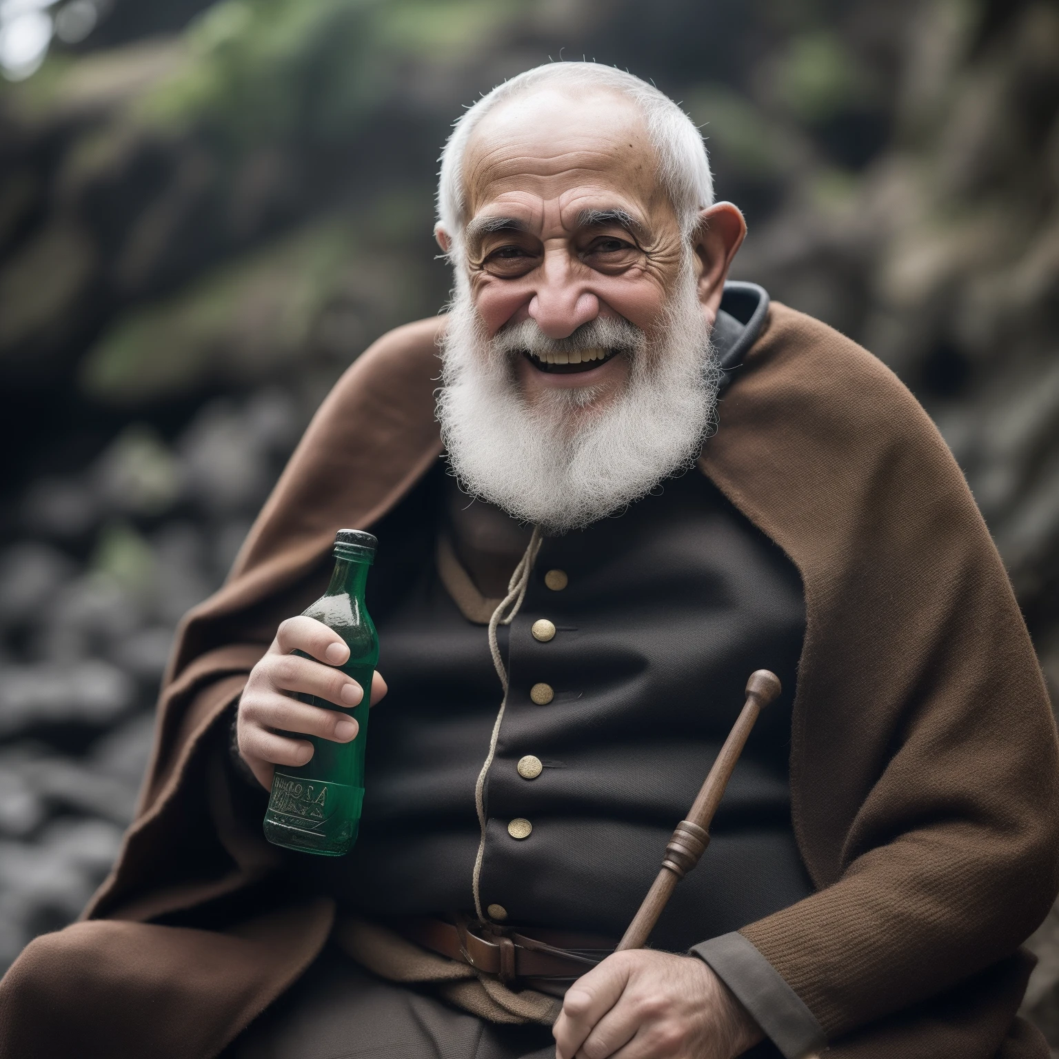 Monge, elfo, velho, homem velho, roupas de monge, fraco, barba branca, careca, gordo, fraco, bottle in hand, em um barco, Hands well made, uma pessoa na imagem, sorrindo, orelhas pontudas