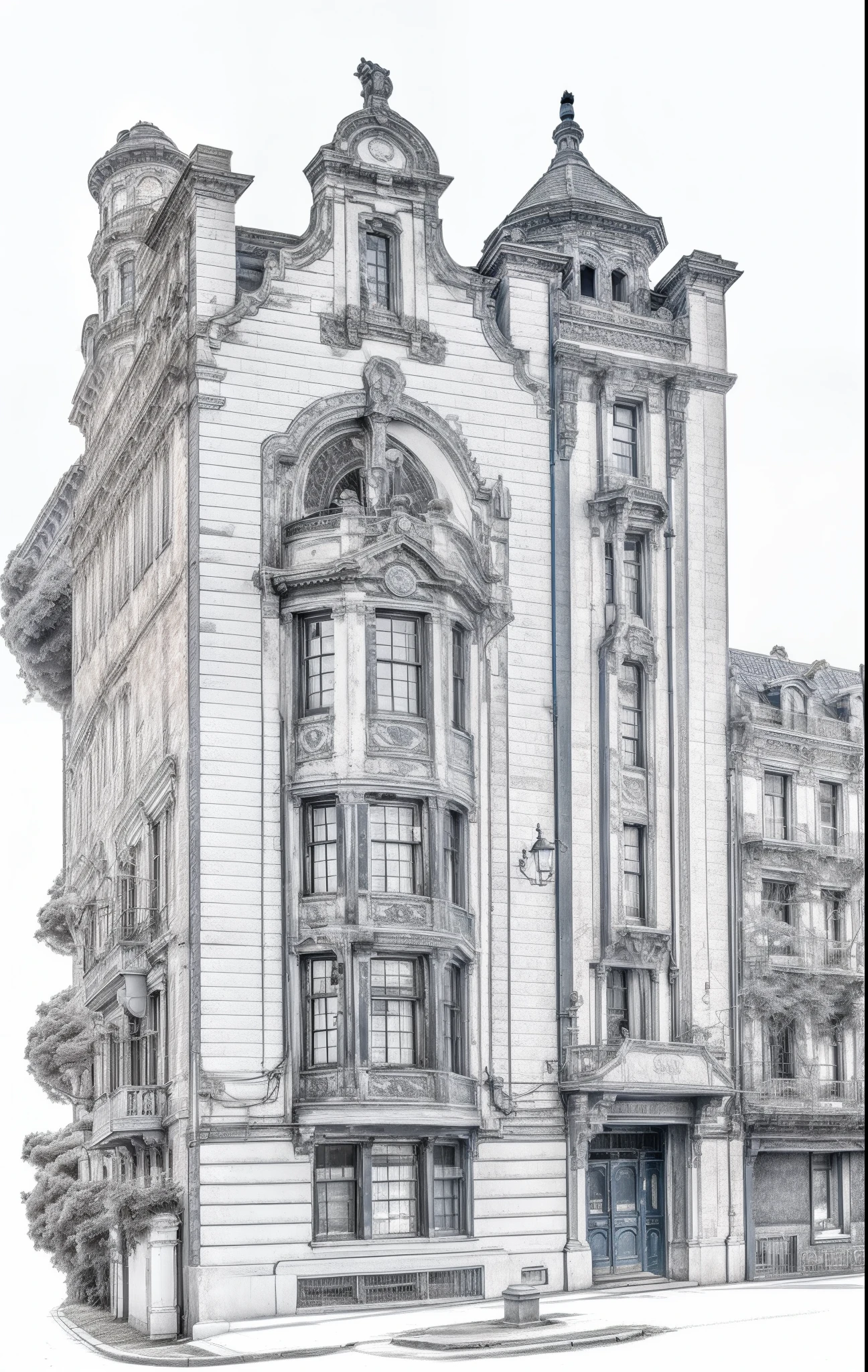 Nostalgic style building，Used color，There are a few white clouds in the blue sky，There was a moving car on the road