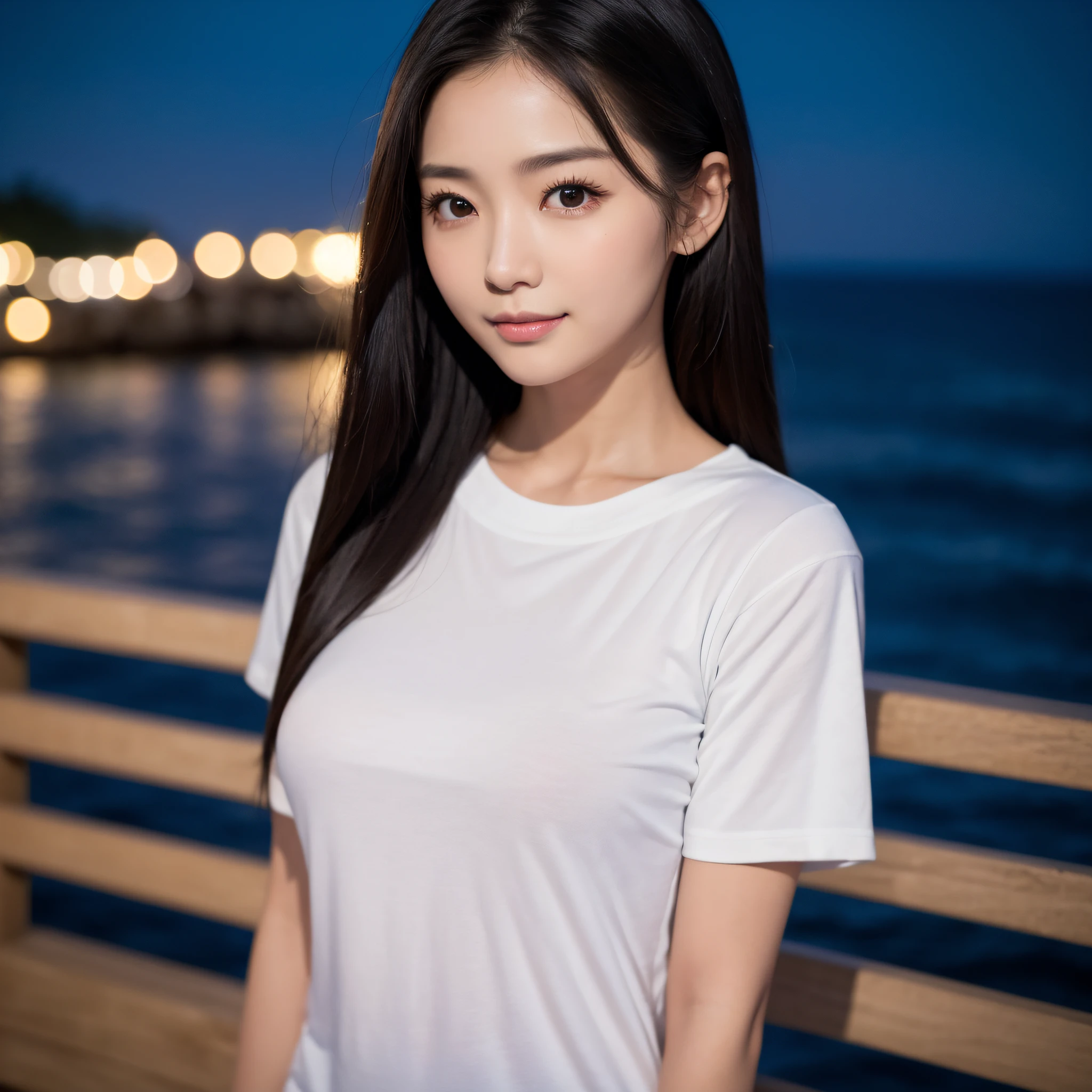 One lady、((best qualtiy、8k masterpieces:1.3))、foco nítido:1.2、(ultra beautiful faces:1.0)、(shinny skin:1.0)、photos realistic、A dark-haired、Video Lighting、High-definition eyes and face、Video Lighting、(Korean Cute Actress)、from the front side、medium breasts、(ssmile:1.2)、Slender Abs Beauty、Whole body、wearing t-shirts、On the coast at night
