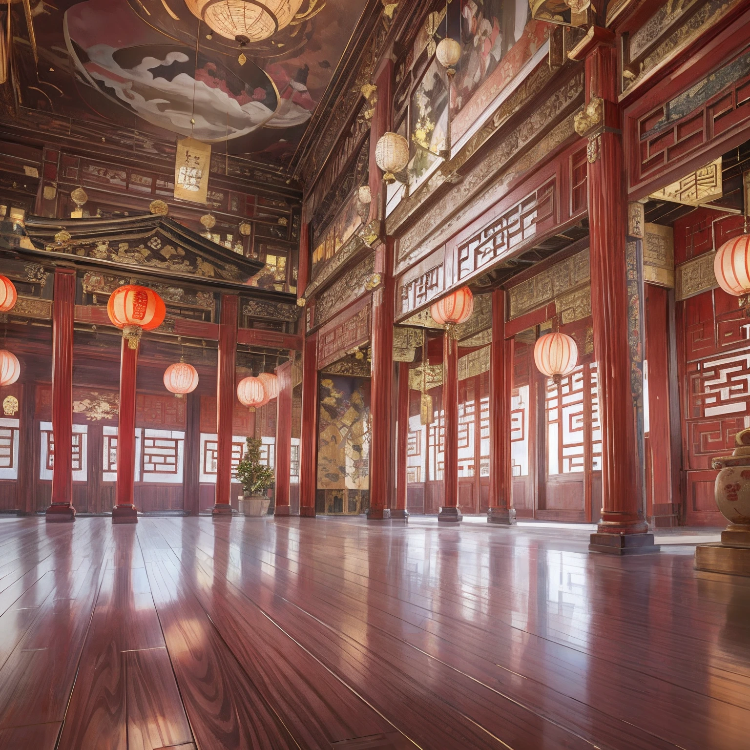 There are many lamps hanging from the ceiling of the large room, Beautiful rendering of the Tang Dynasty, Chinese palaces, inside a palace, inside a grand ornate room, cyberpunk chinese ancient castle, royal palace interior, Chinese style buildings, rendered in rtx, Ancient Chinese architecture, Japan. voluminetric lighting, Render in Unreal Engine 5, ballroom background, Chinese architecture,A hall of ancient Chinese architecture, exquisite interior decoration, Depth of field effect,