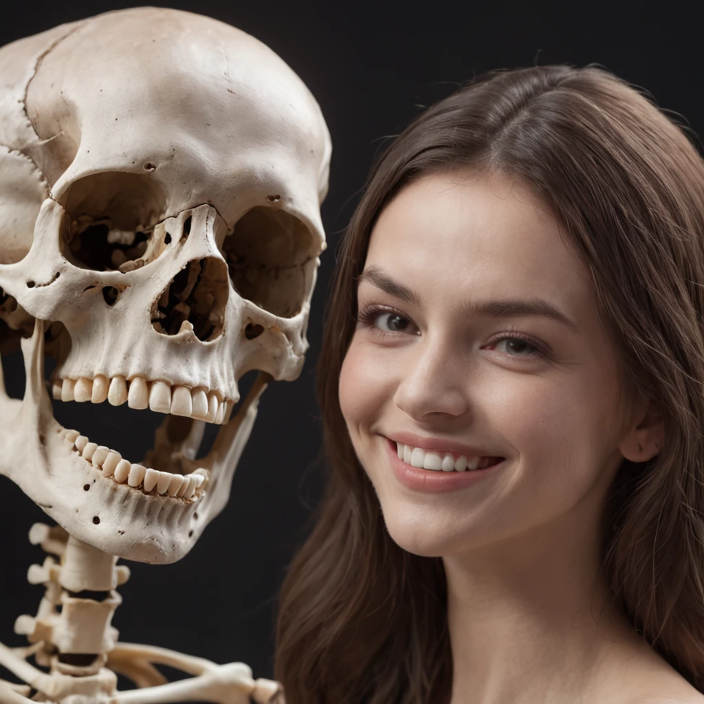 A cigarette is smoked between upper and lower teeth. A large bitcoin object glowing in the background. Realistic skeletal face smiling in spotlight. Close-up. Realistic depiction. The skeleton is in focus. Leica. Realistic photo.