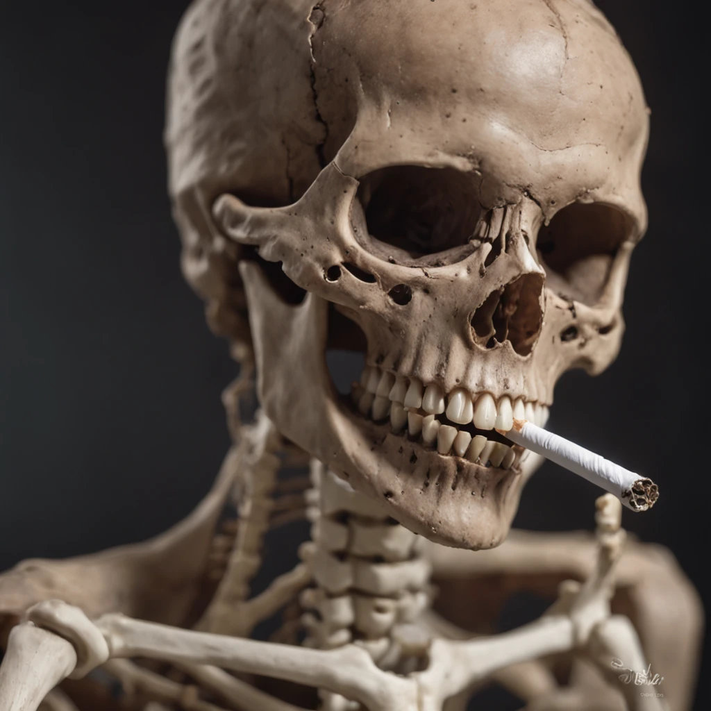 A cigarette is smoked between upper and lower teeth. A large bitcoin object glowing in the background. Realistic skeletal face smiling in spotlight. Close-up. Realistic depiction. The skeleton is in focus. Leica. Realistic photo.