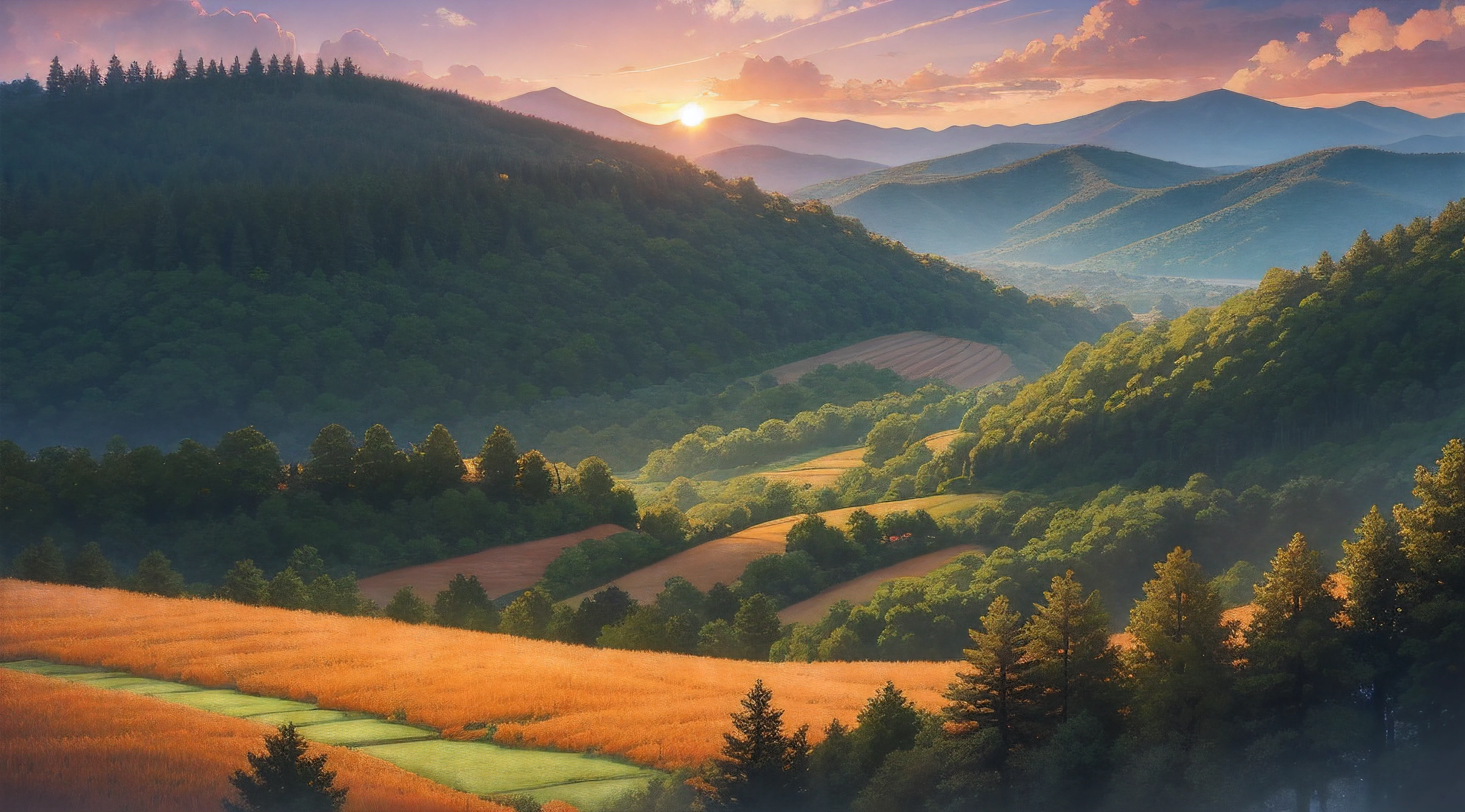 A forested valley of greenery,dyed red by the setting sun