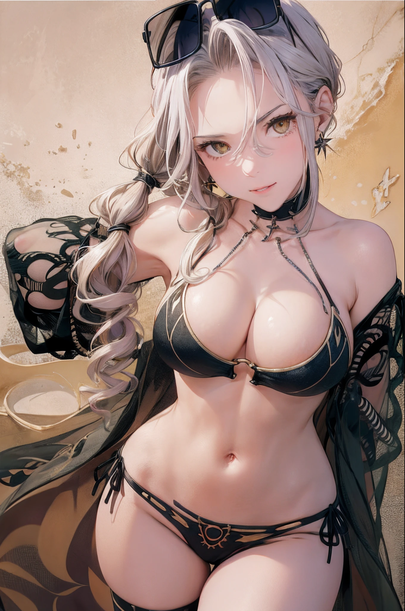 full body shot of a standing  female, (Ana de Armas:0.1), nffsw, Solo, Beach,  Bare shoulders, (skinny:1.4),  Black Bikini, Black nails, Bracelet, cross choker, [(Huge breasts:1.4):0.45], [(Small breasts:1.4)::0.45] earrings, one pigtail, eyewear on head, Jewelry, Long hair, Parted bangs, sheer sleeves,  low-tied long hair, side-tie bikini bottom, Yellow eyes,  Realistic, Raw photo, (Detailed:1.4)