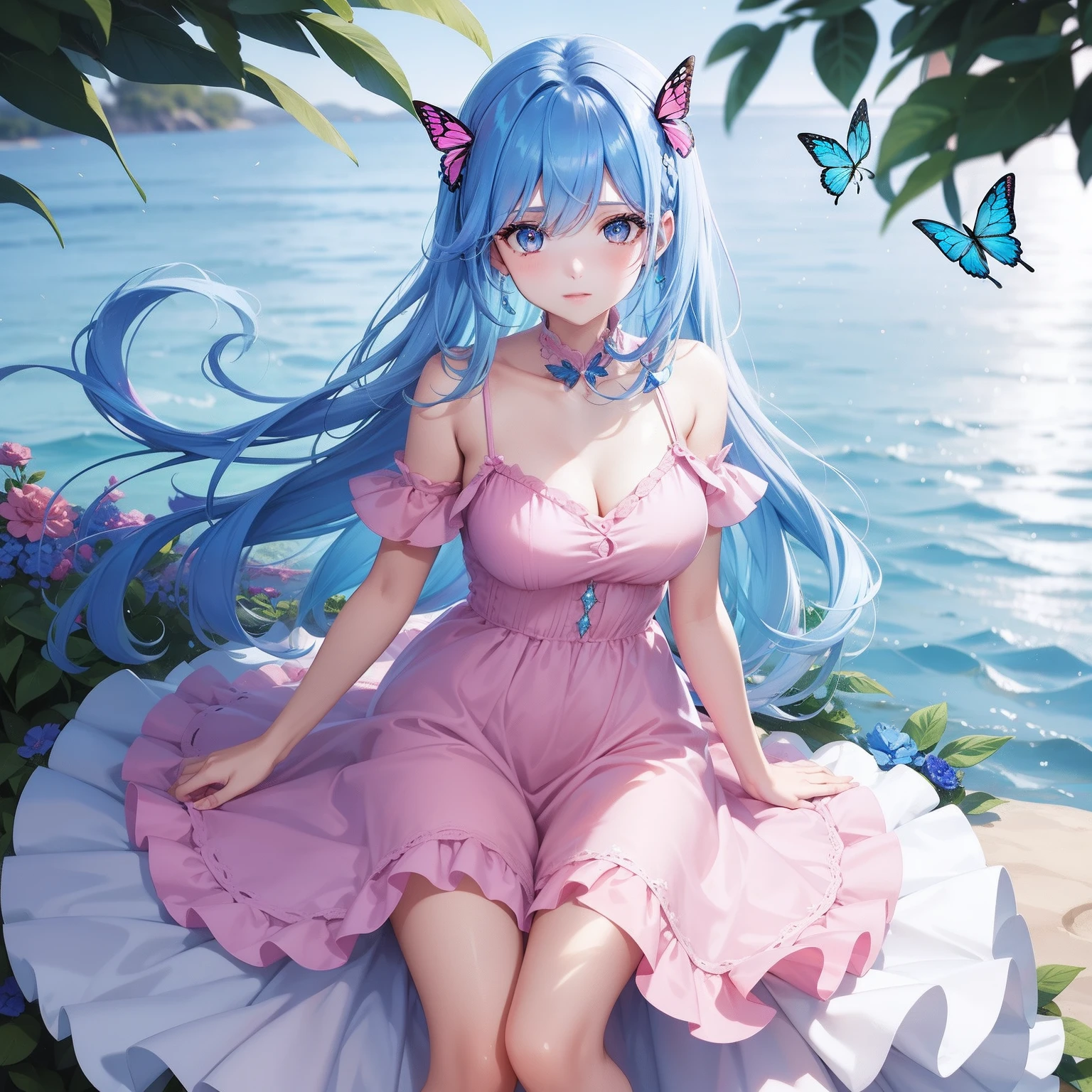 a women, blue butterfly, blue hair, pink eyes, pink dress