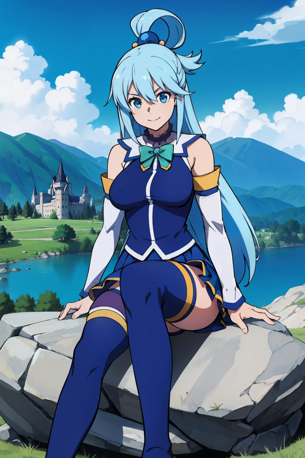 (masterpiece,vibrant,detailed,highres) aqua \(konosuba\) blue eyes, blue footwear, blue hair, blue thighhighs, boots, breasts, bubble, white detached sleeves, hair ornament, hair rings, long hair, medium breasts, single hair ring, skirt, solo, thigh boots, thighhighs, very long hair, white thighhighs, kono subarashii sekai ni shukufuku wo!, smile, grassland, dilapidated castle in distant, blue sky, sitting on a rock